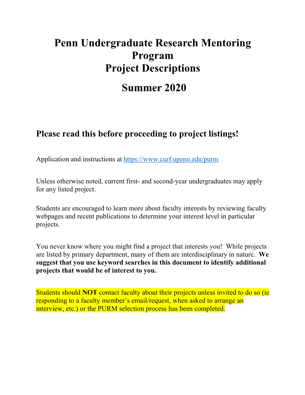 Penn Undergraduate Research Mentoring Program Project Descriptions Summer 2020