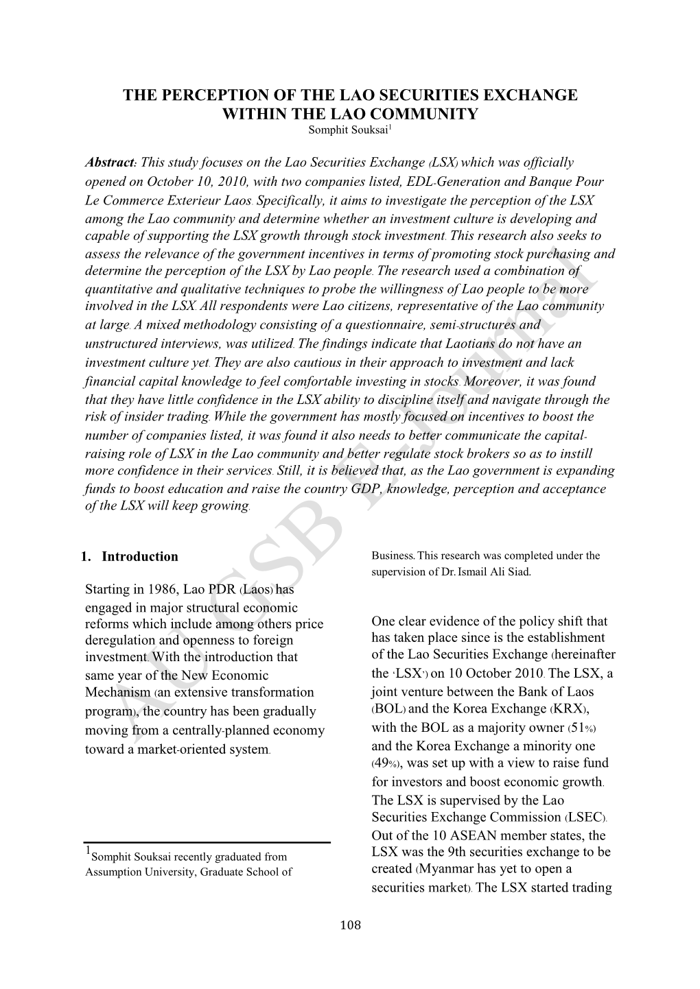 THE PERCEPTION of the LAO SECURITIES EXCHANGE WITHIN the LAO COMMUNITY Somphit Souksai1