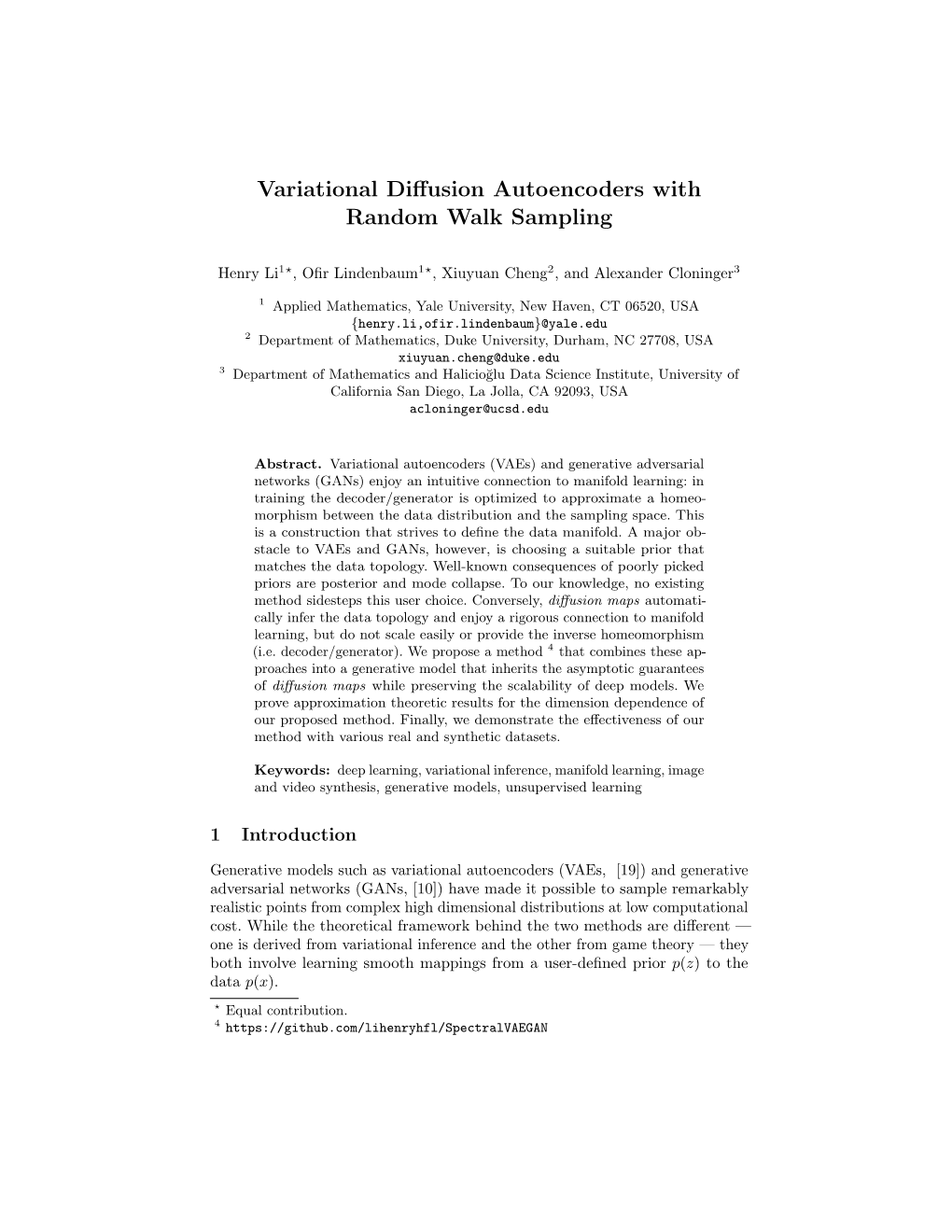 Variational Diffusion Autoencoders with Random Walk Sampling