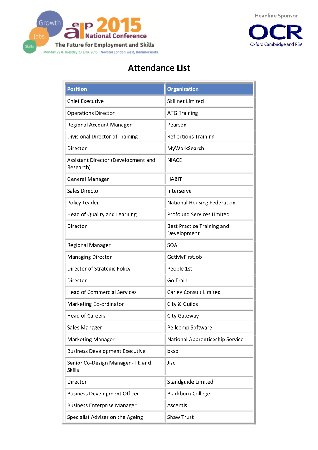 Attendance List