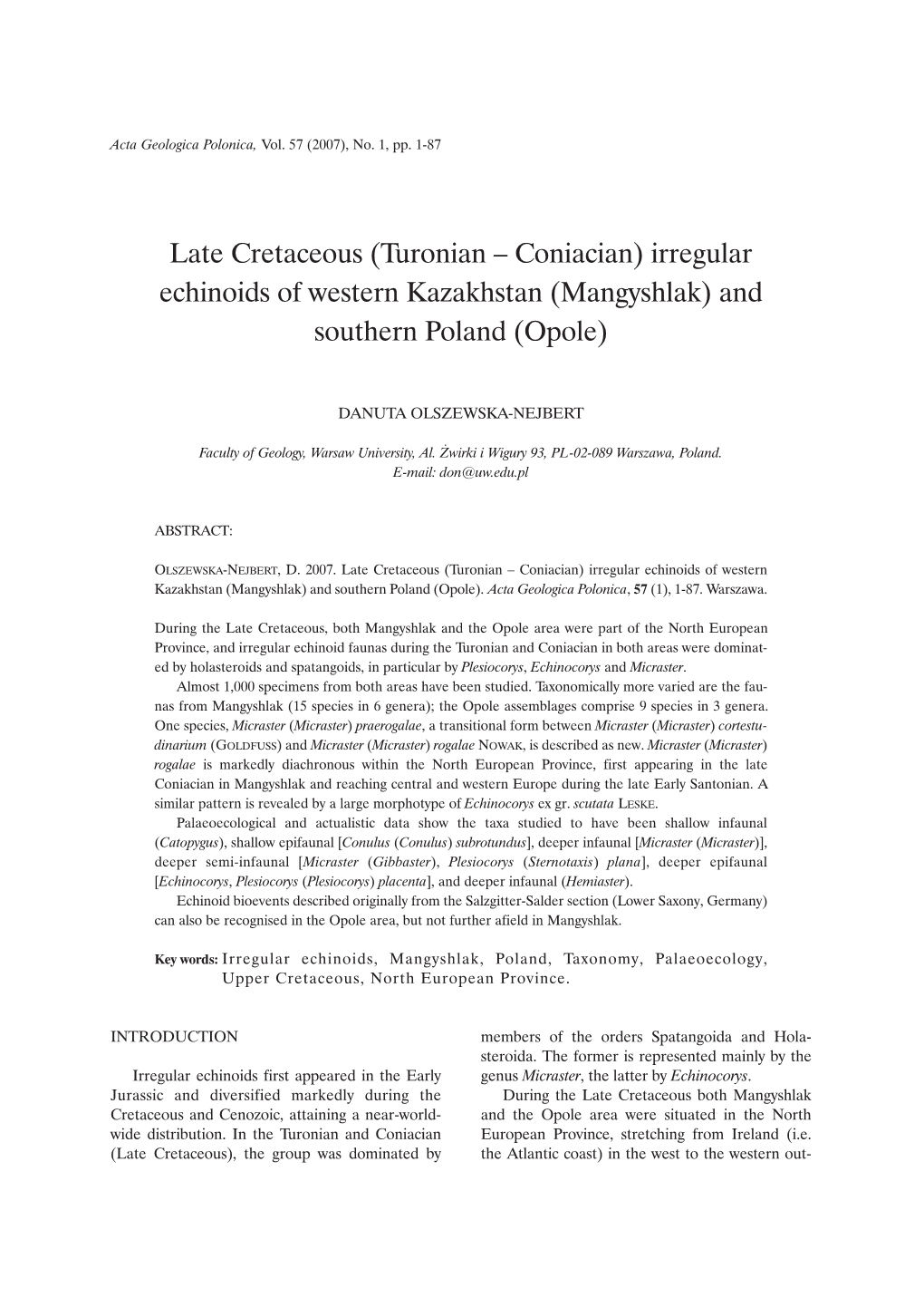 Late Cretaceous (Turonian – Coniacian) Irregular Echinoids of Western Kazakhstan (Mangyshlak) and Southern Poland (Opole)