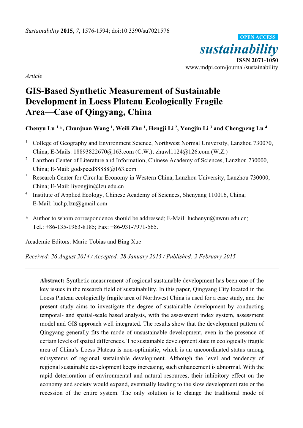 GIS-Based Synthetic Measurement of Sustainable Development in Loess Plateau Ecologically Fragile Area—Case of Qingyang, China