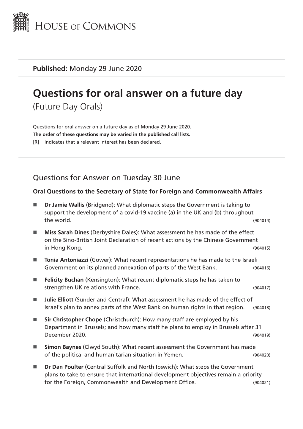 Future Oral Questions As of Mon 29 Jun 2020