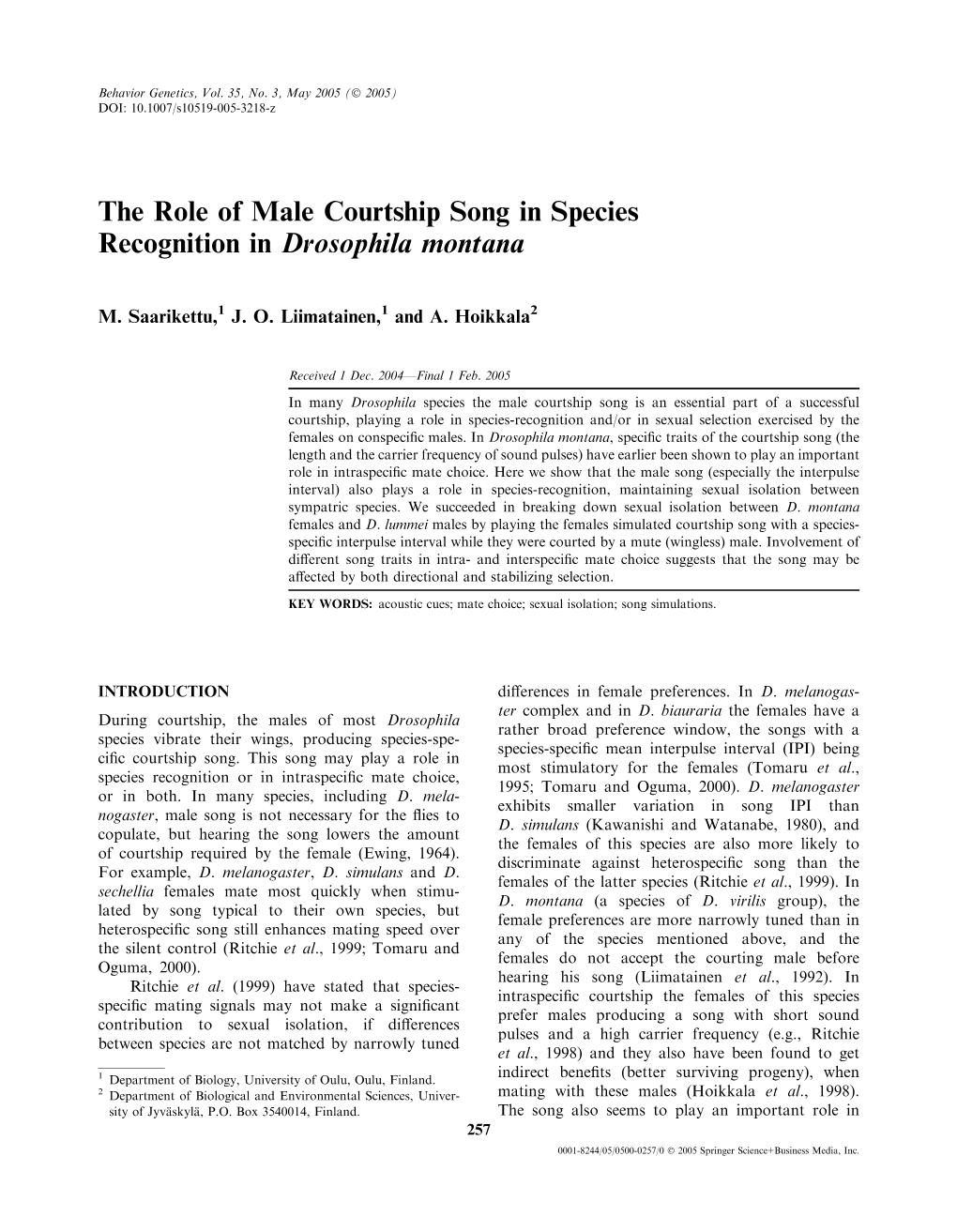 The Role of Male Courtship Song in Species Recognition in Drosophila Montana