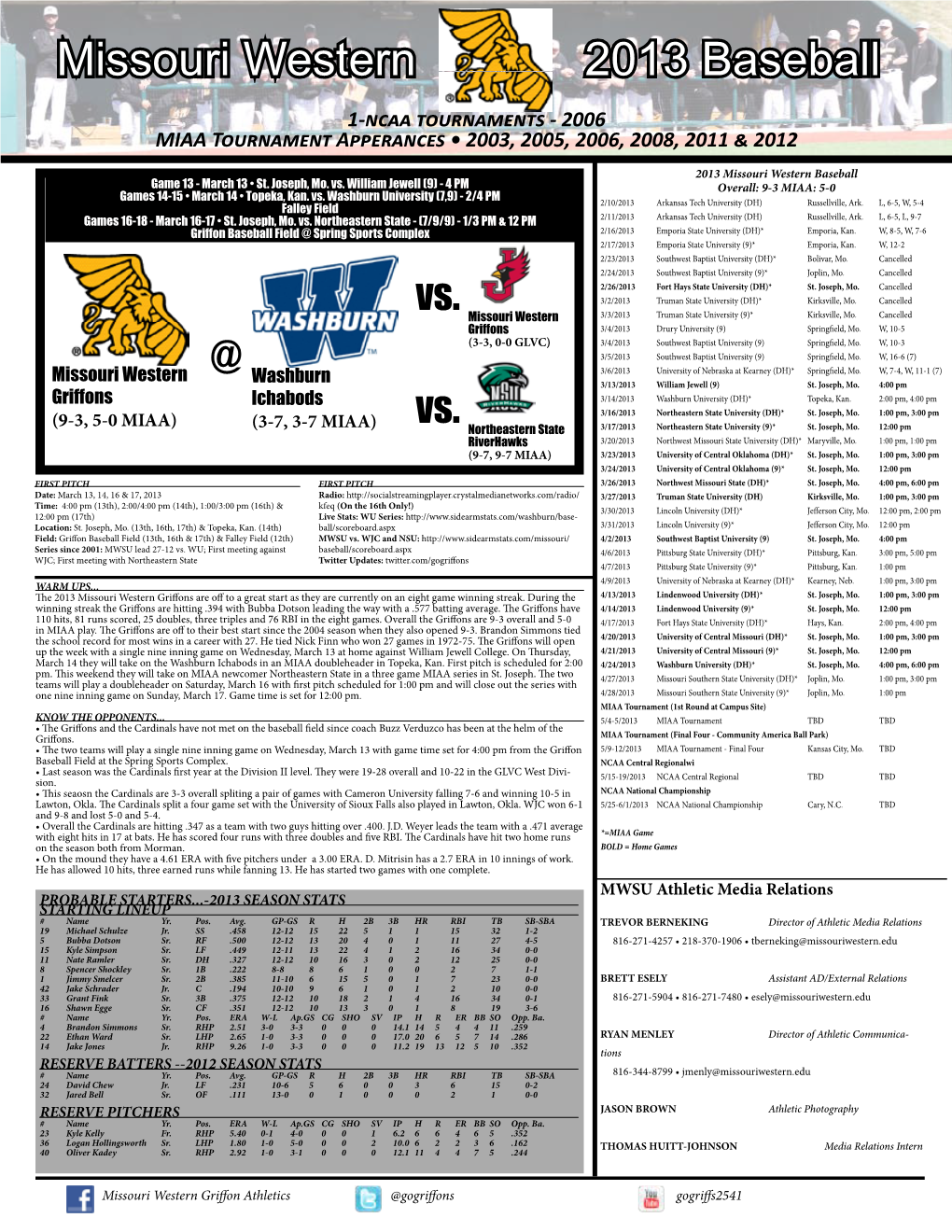 Missouri Western 2013 Baseball 1-Ncaa Tournaments - 2006 MIAA Tournament Apperances • 2003, 2005, 2006, 2008, 2011 & 2012