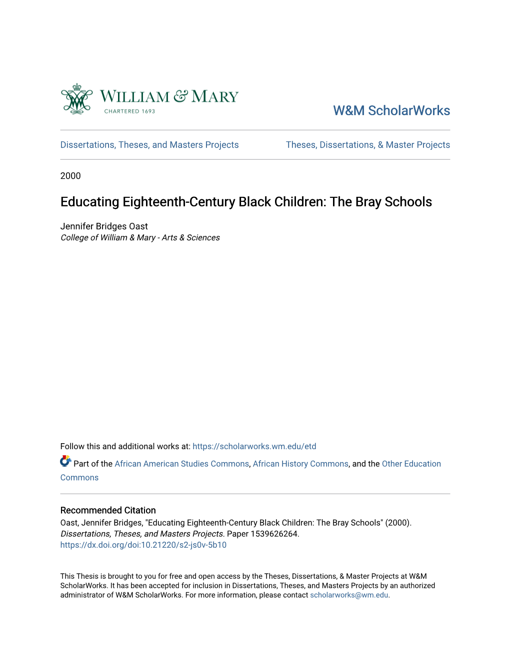 Educating Eighteenth-Century Black Children: the Bray Schools