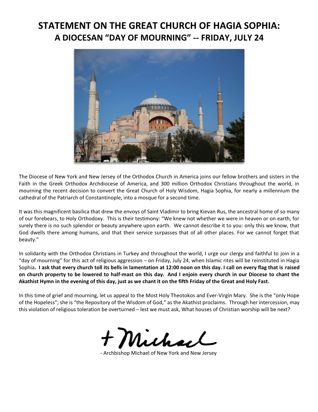 Statement on the Great Church of Hagia Sophia: a Diocesan “Day of Mourning” -- Friday, July 24