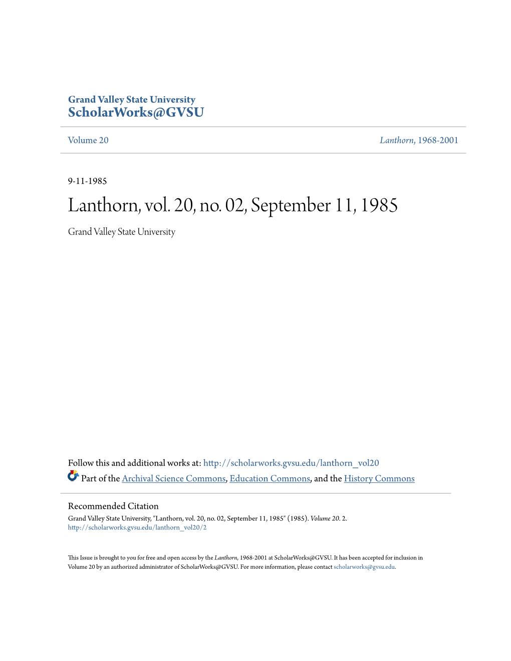 Lanthorn, Vol. 20, No. 02, September 11, 1985 Grand Valley State University