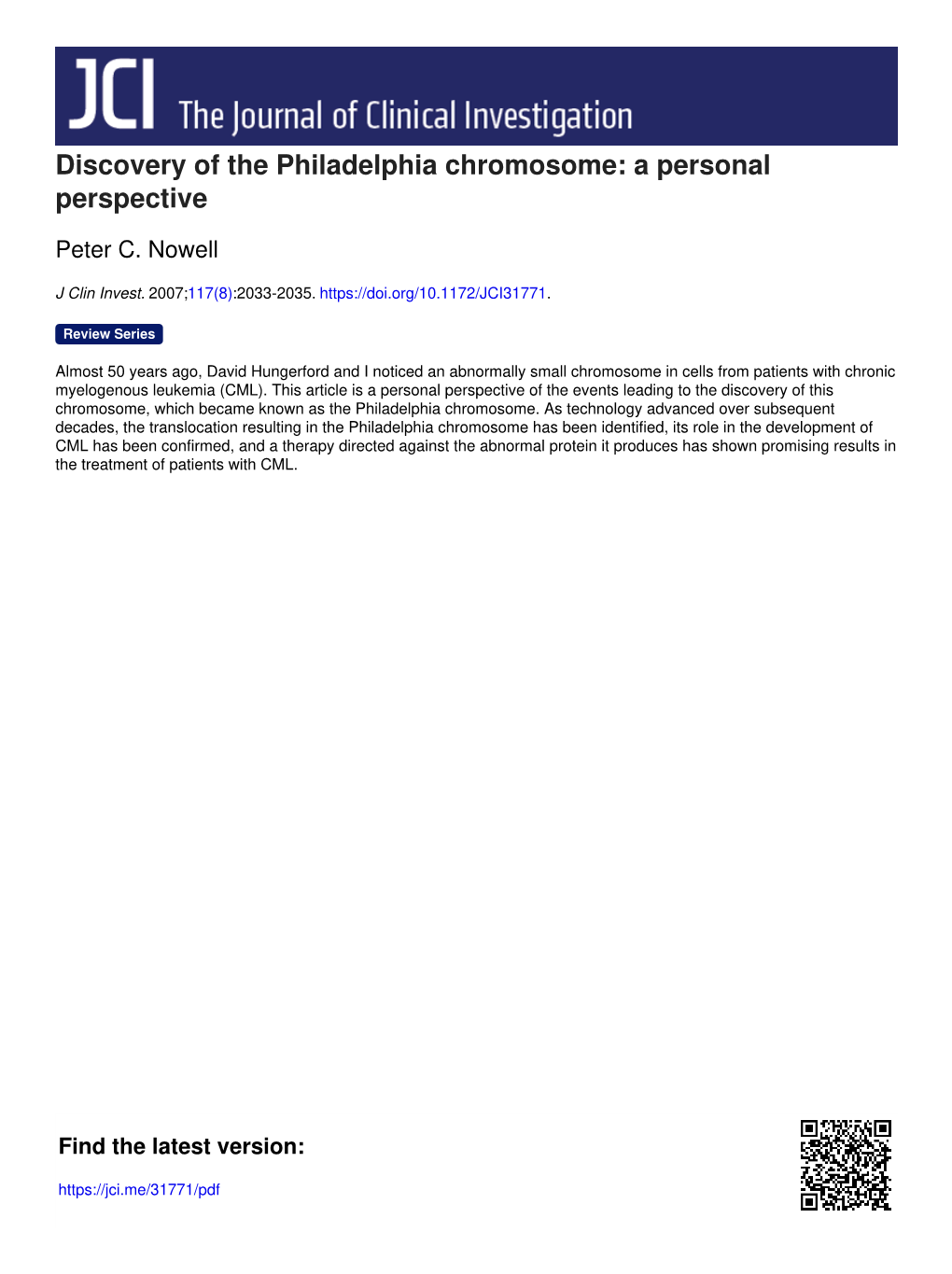 Discovery of the Philadelphia Chromosome: a Personal Perspective