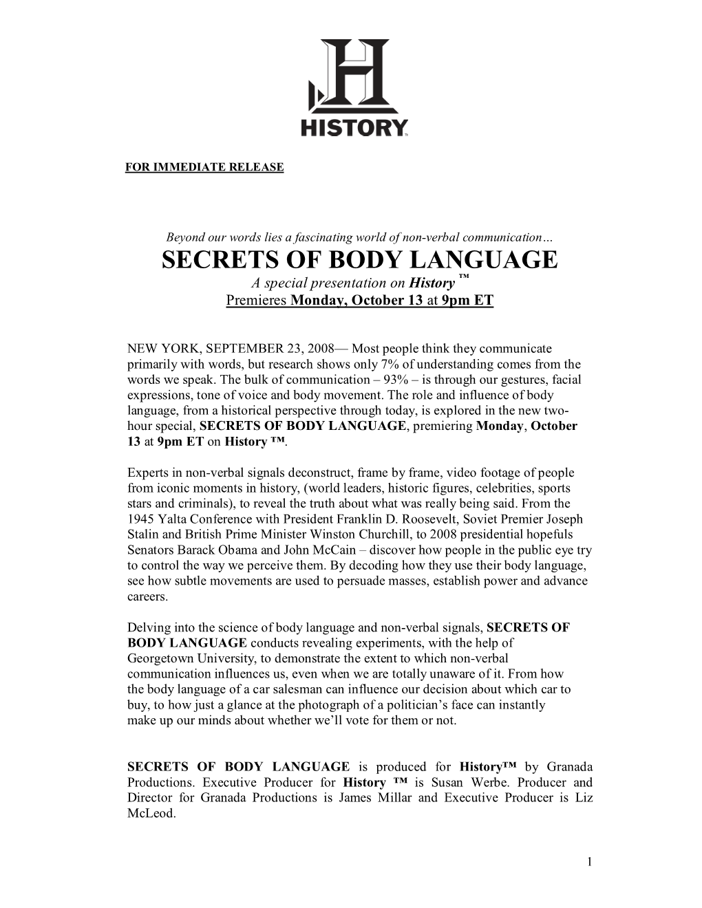 SECRETS of BODY LANGUAGE a Special Presentation on History ™ Premieres Monday, October 13 at 9Pm ET