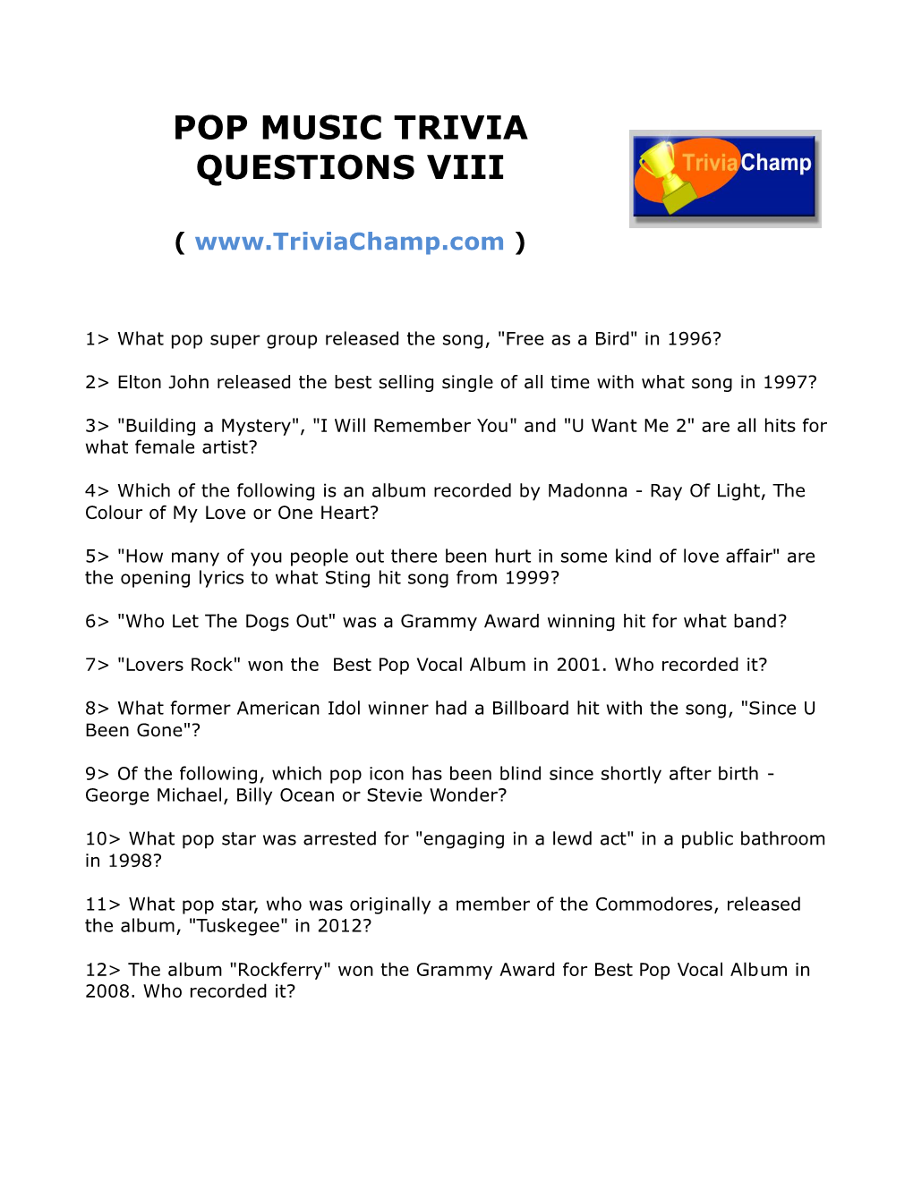 Pop Music Trivia Questions Viii