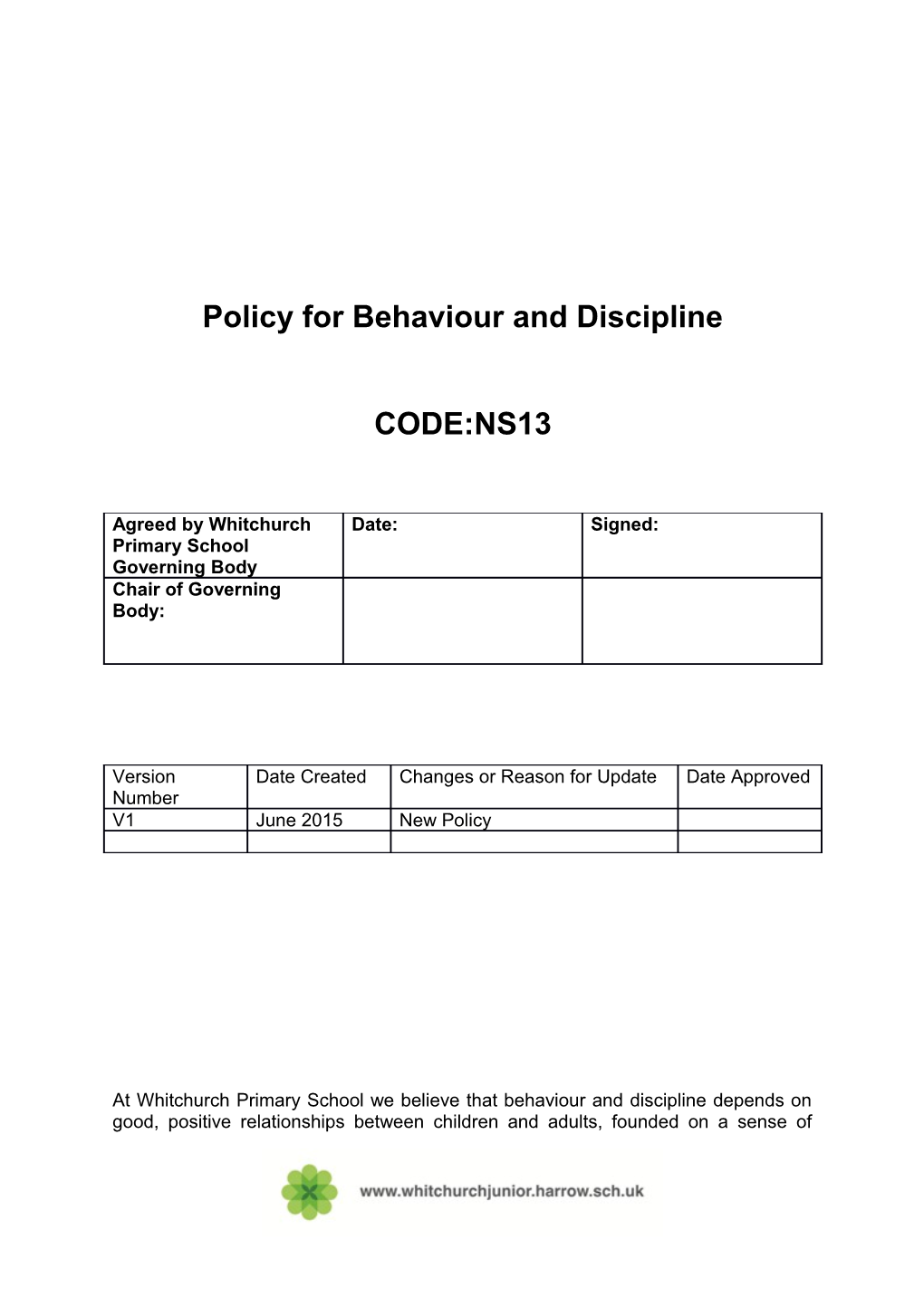Policy for Behaviour and Discipline