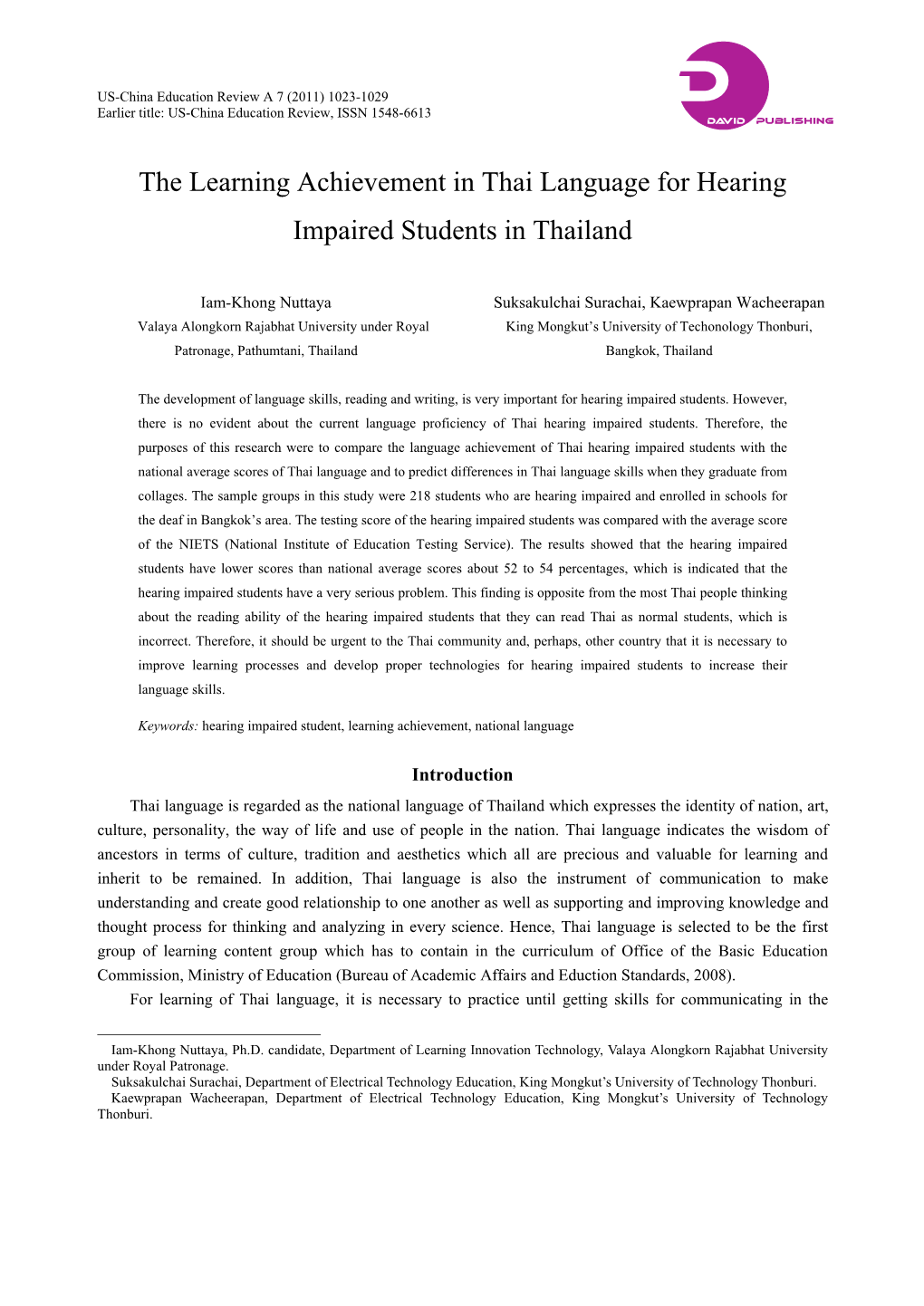 The Learning Achievement in Thai Language for Hearing Impaired Students in Thailand