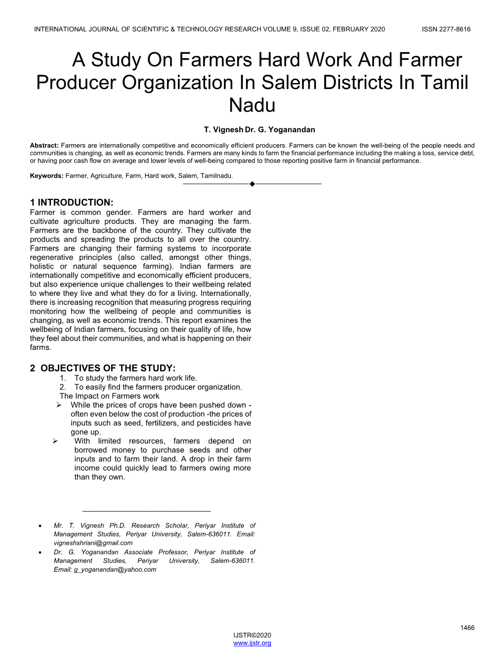 A Study on Farmers Hard Work and Farmer Producer Organization in Salem Districts in Tamil Nadu