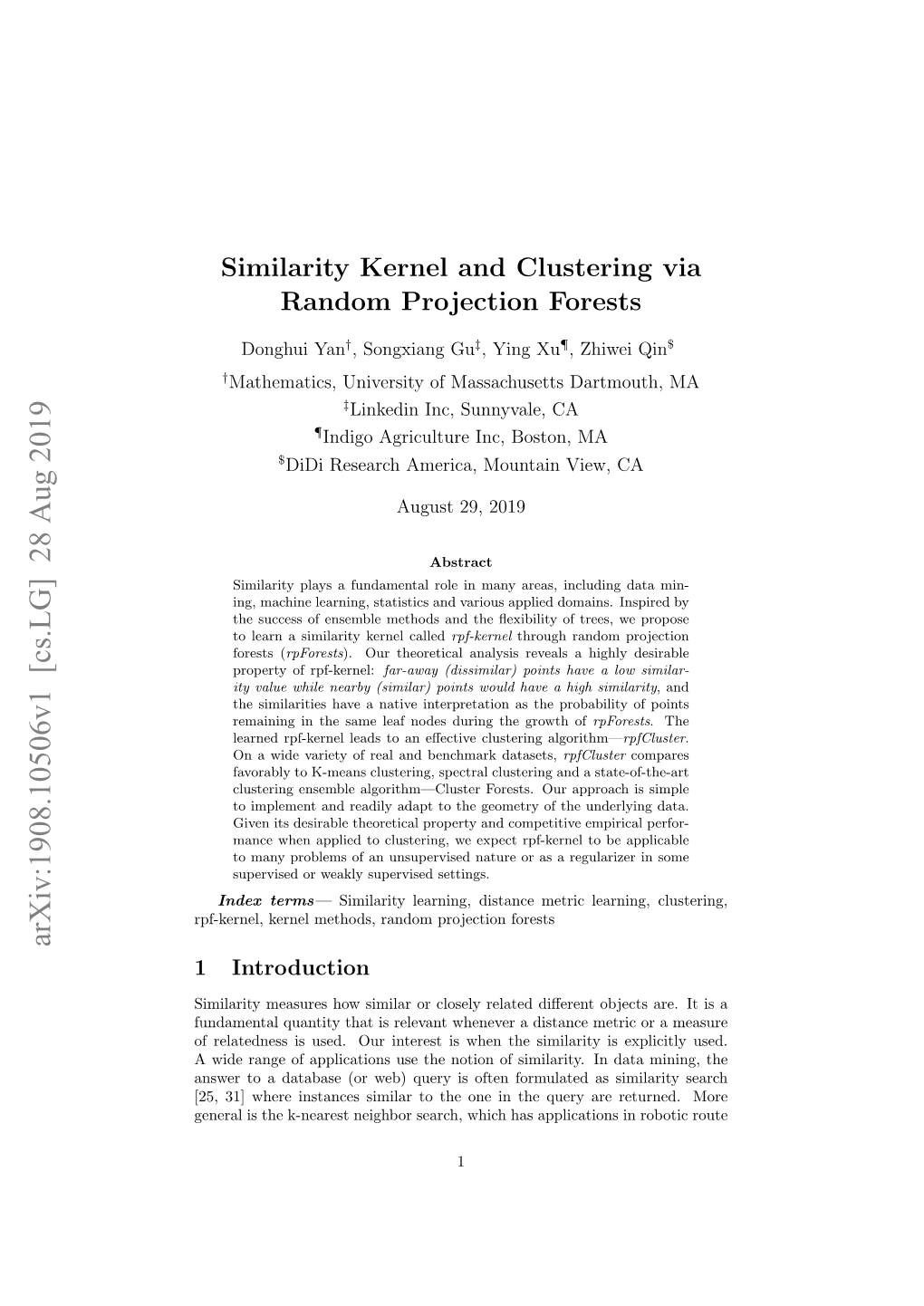 Similarity Kernel and Clustering Via Random Projection Forests