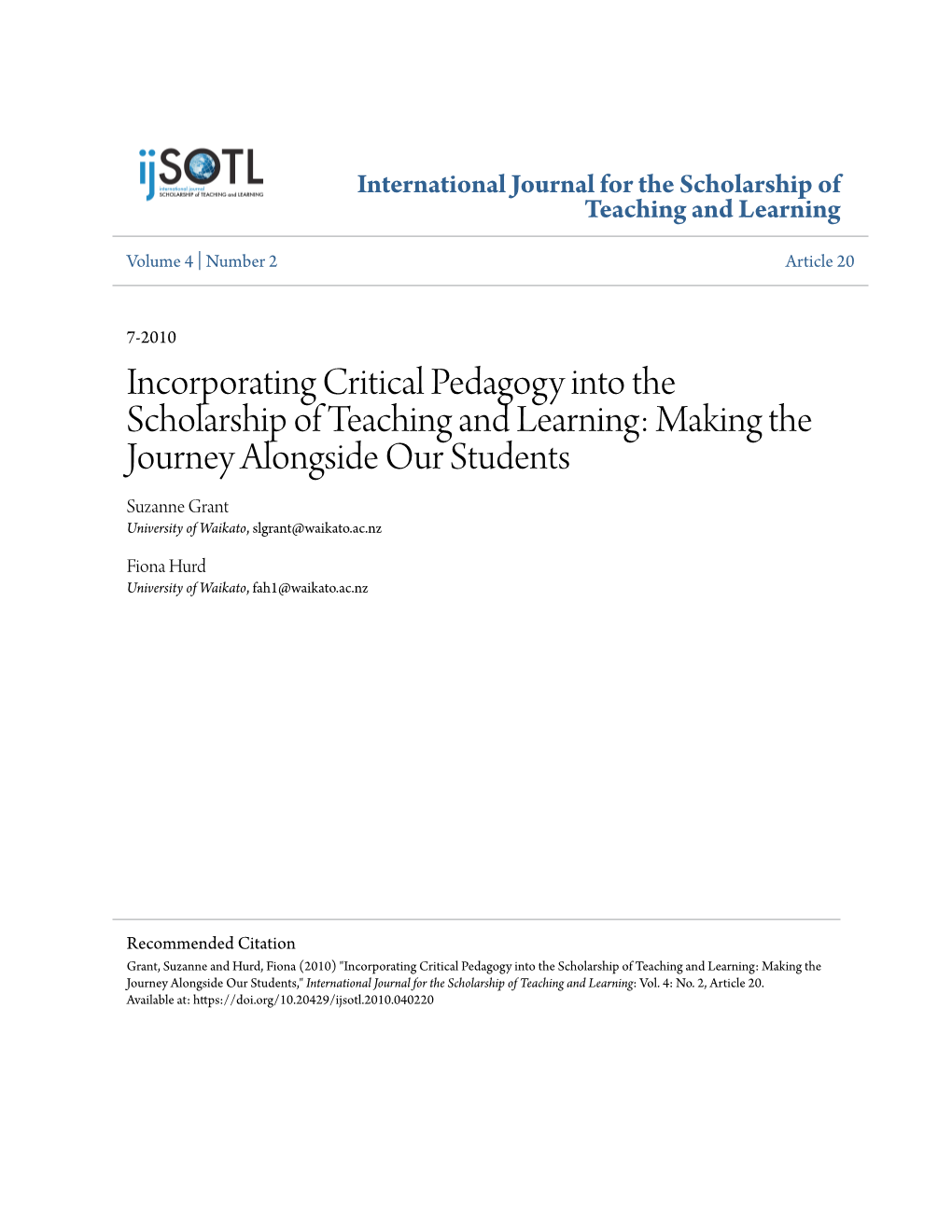 Incorporating Critical Pedagogy Into the Scholarship of Teaching And