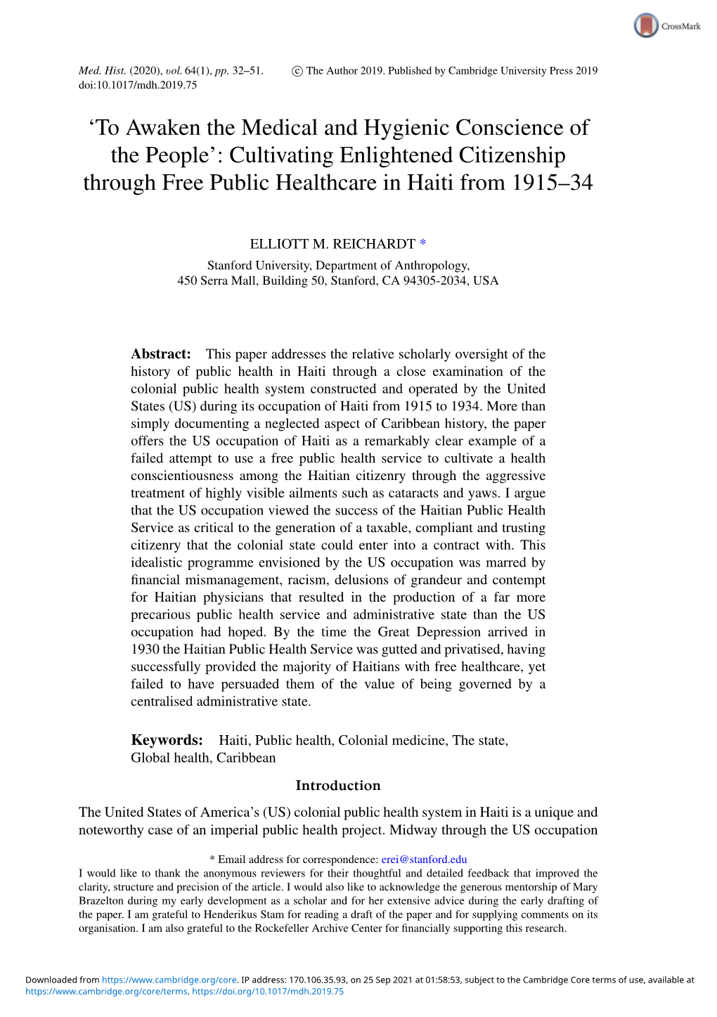 Cultivating Enlightened Citizenship Through Free Public Healthcare in Haiti from 1915–34
