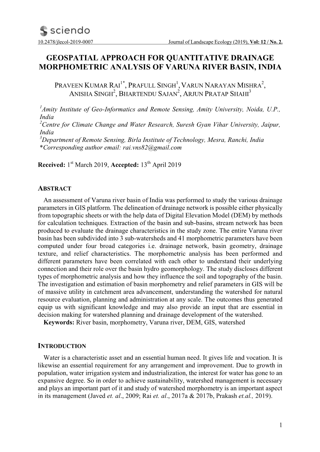 Geospatial Approach for Quantitative Drainage Morphometric Analysis of Varuna River Basin, India