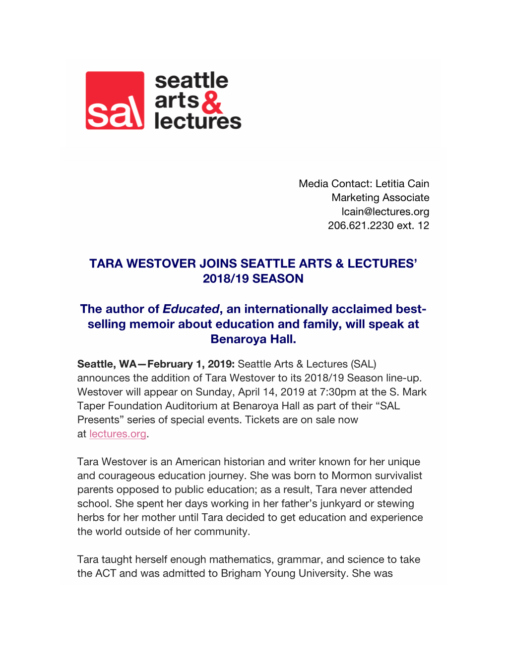 TARA WESTOVER JOINS SEATTLE ARTS & LECTURES' 2018/19 SEASON the Author of Educated, an Internationally Acclaimed Best