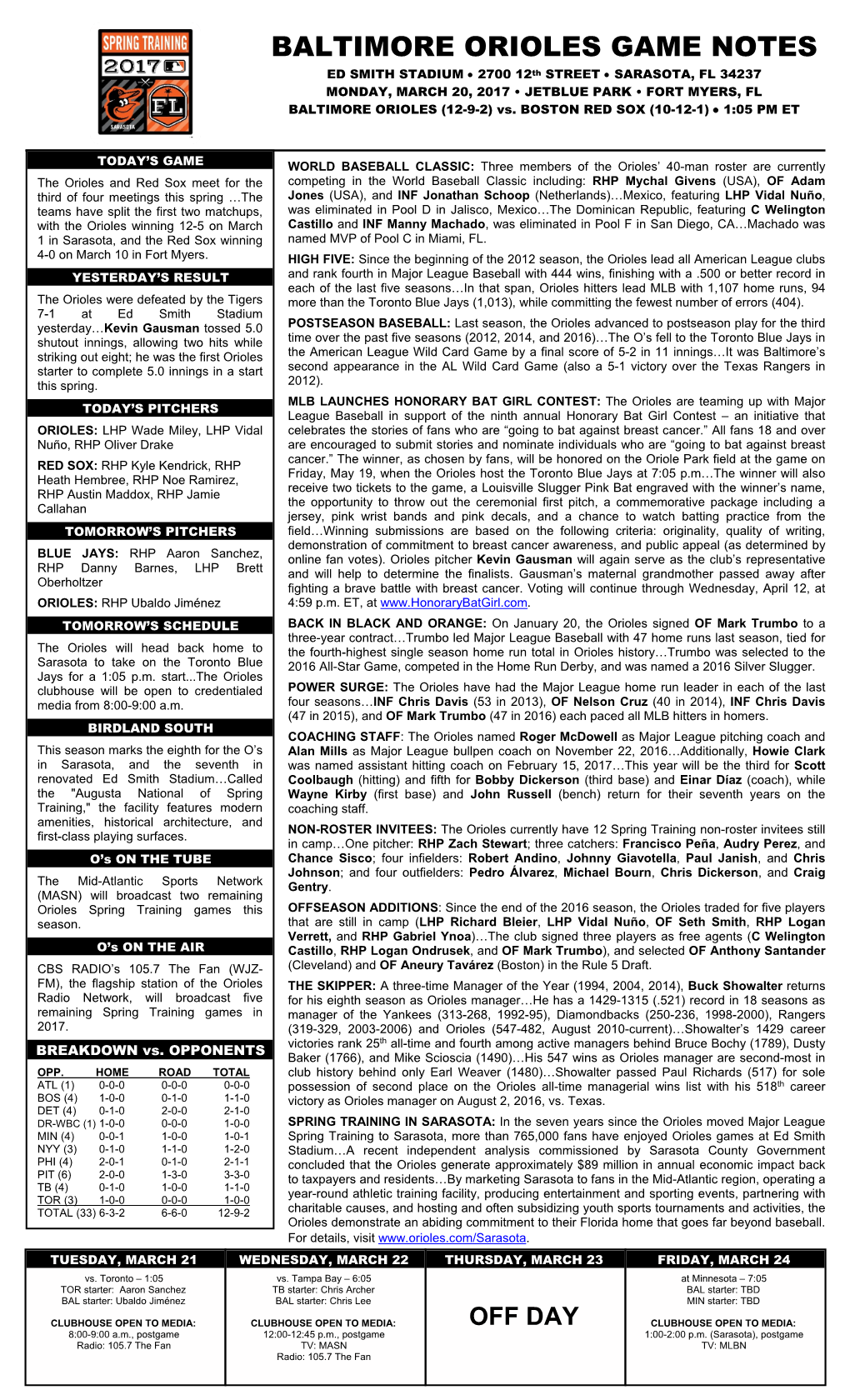 Baltimore Orioles Game Notes