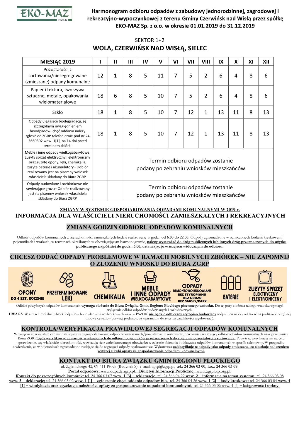 Harmonogram Odbioru Odpadów Z Zabudowy Jednorodzinnej, Zagrodowej I Rekreacyjno-Wypoczynkowej Z Terenu Gminy Czerwińsk Nad Wisłą Przez Spółkę EKO-MAZ Sp
