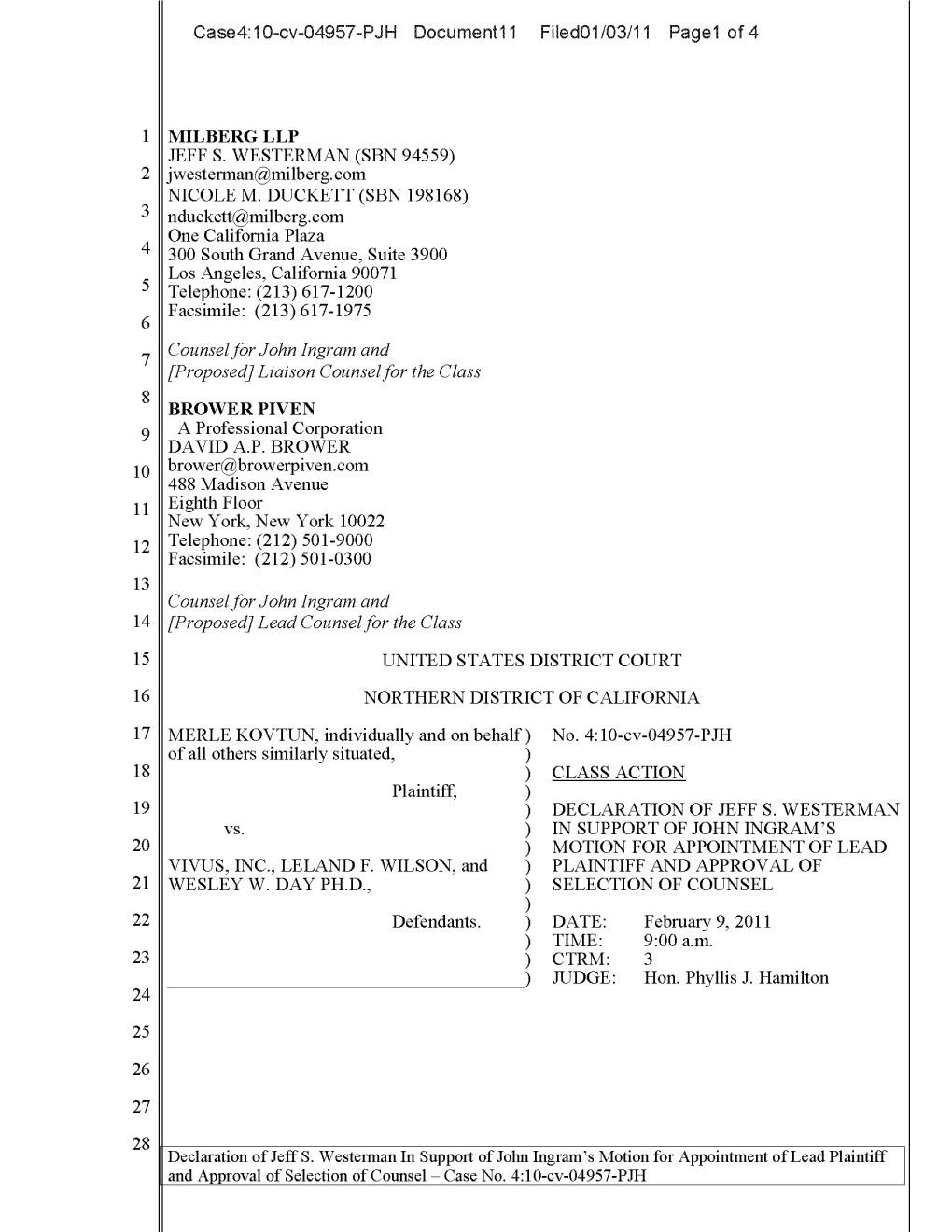 Merle Kovtun, Et Al. V. Vivus, Inc., Et Al. 10-CV-04957-Declaration of Jeff S