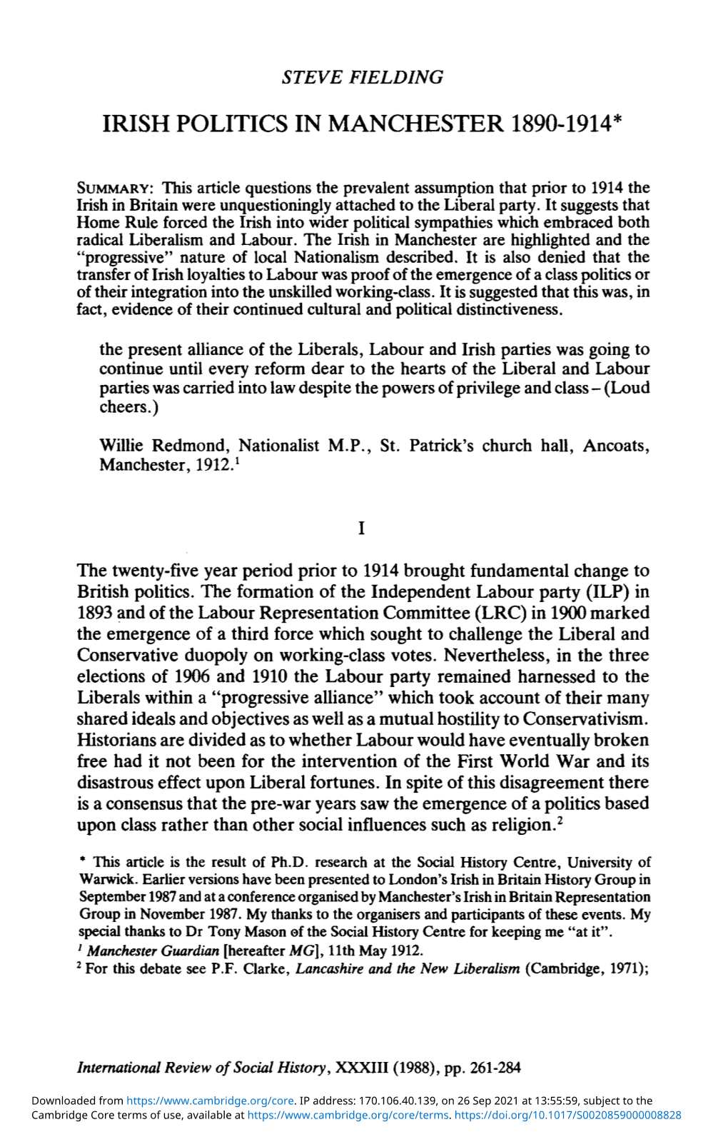 Irish Politics in Manchester 1890–1914