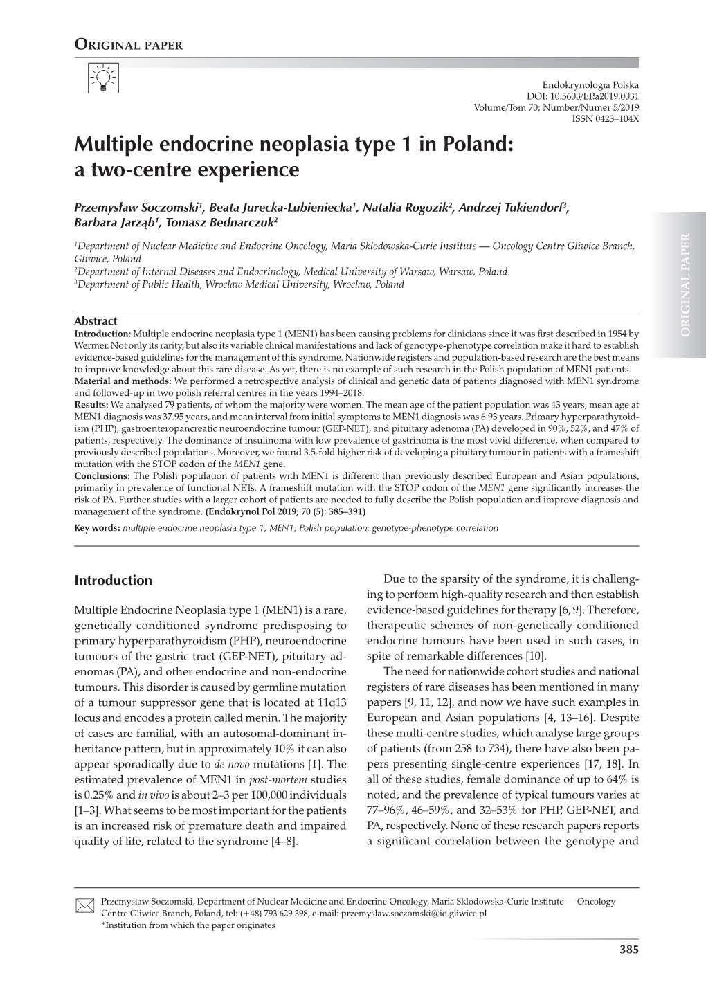 Multiple Endocrine Neoplasia Type 1 in Poland: a Two-Centre Experience