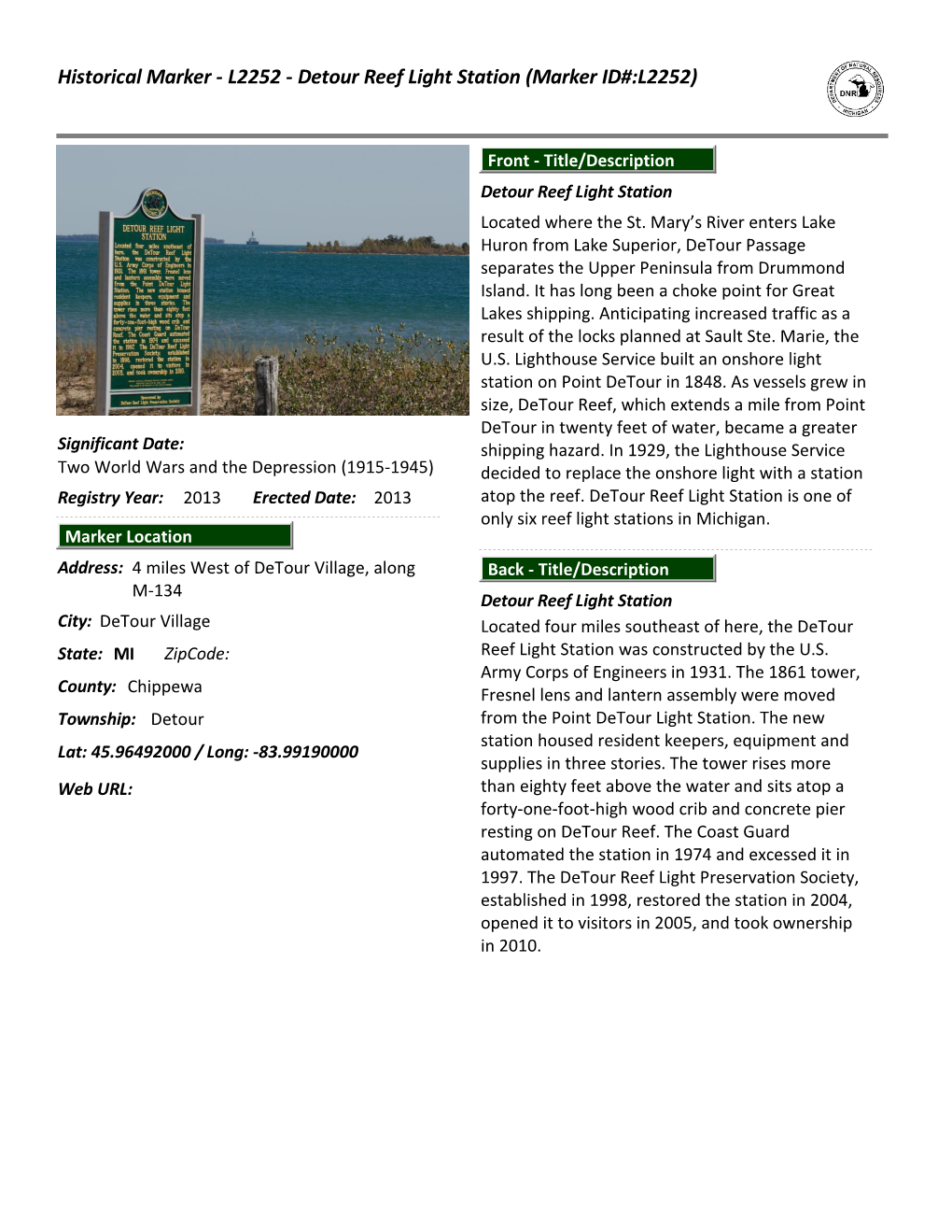 Historical Marker - L2252 - Detour Reef Light Station (Marker ID#:L2252)