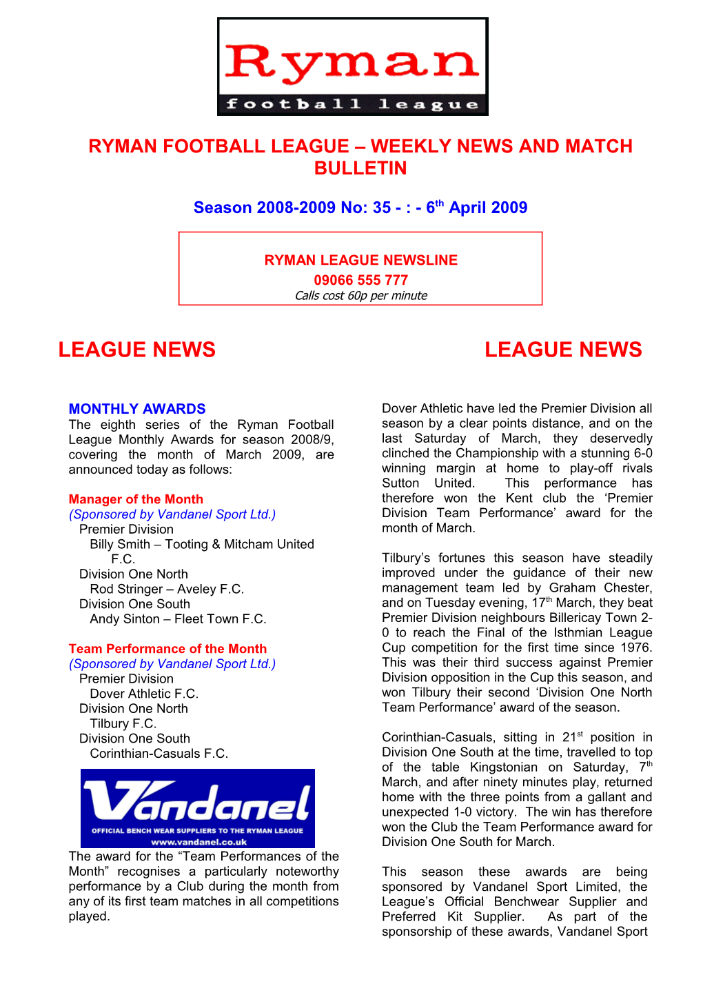 Ryman Football League – Weekly News and Match Bulletin