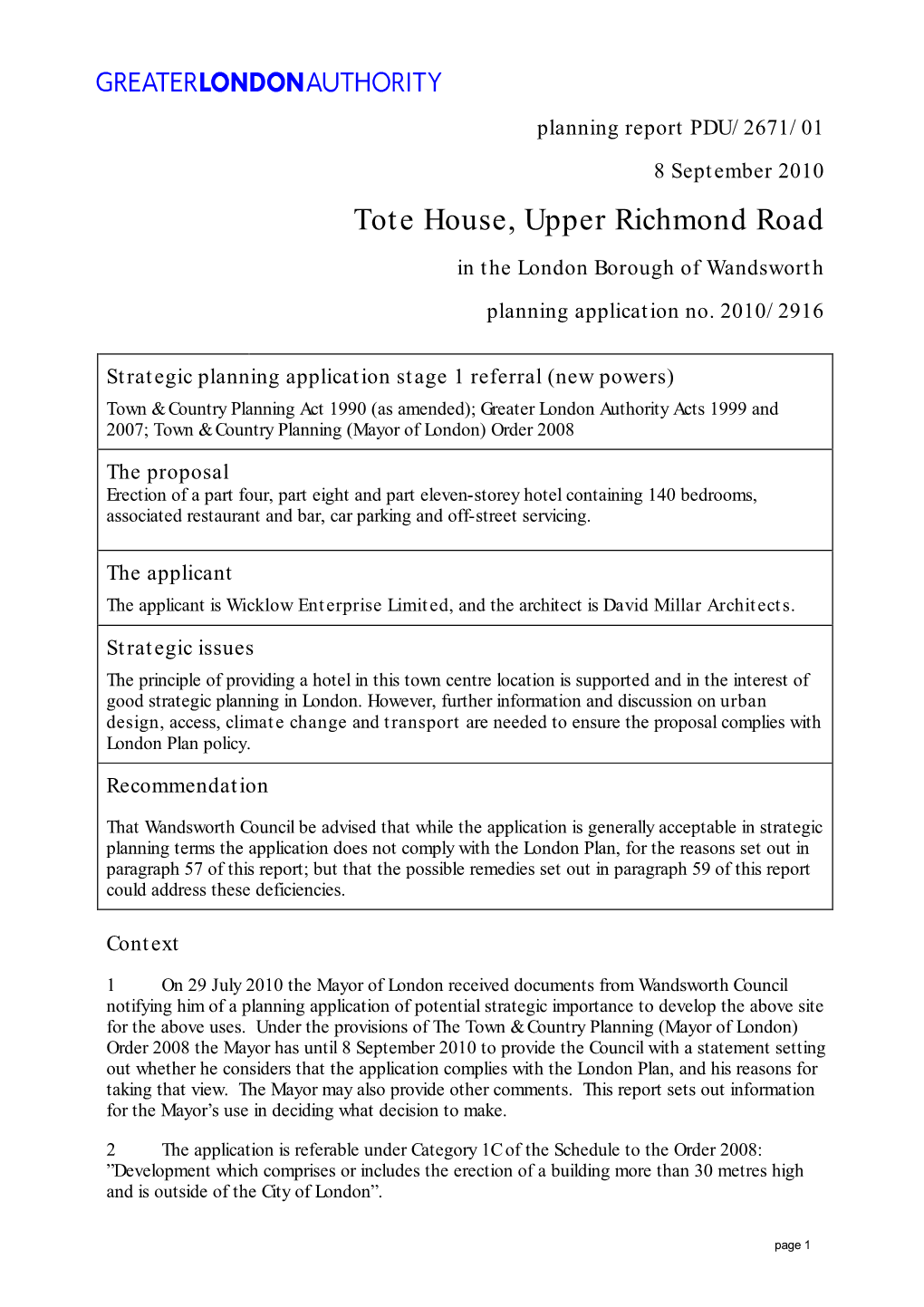 Tote House, Upper Richmond Road in the London Borough of Wandsworth Planning Application No