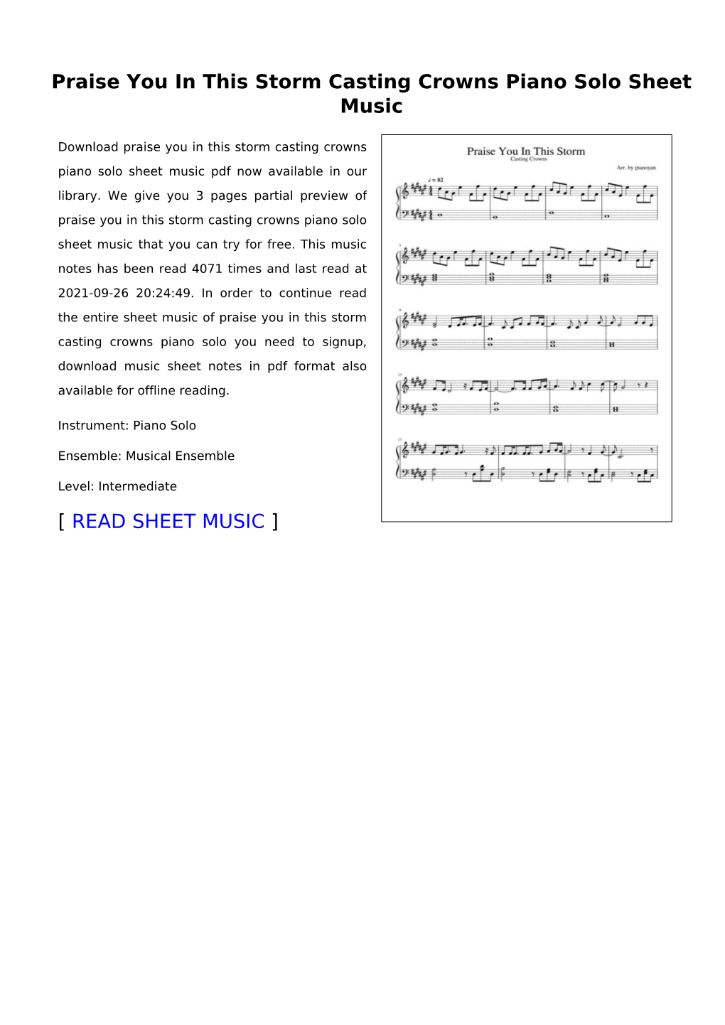 Praise You in This Storm Casting Crowns Piano Solo Sheet Music