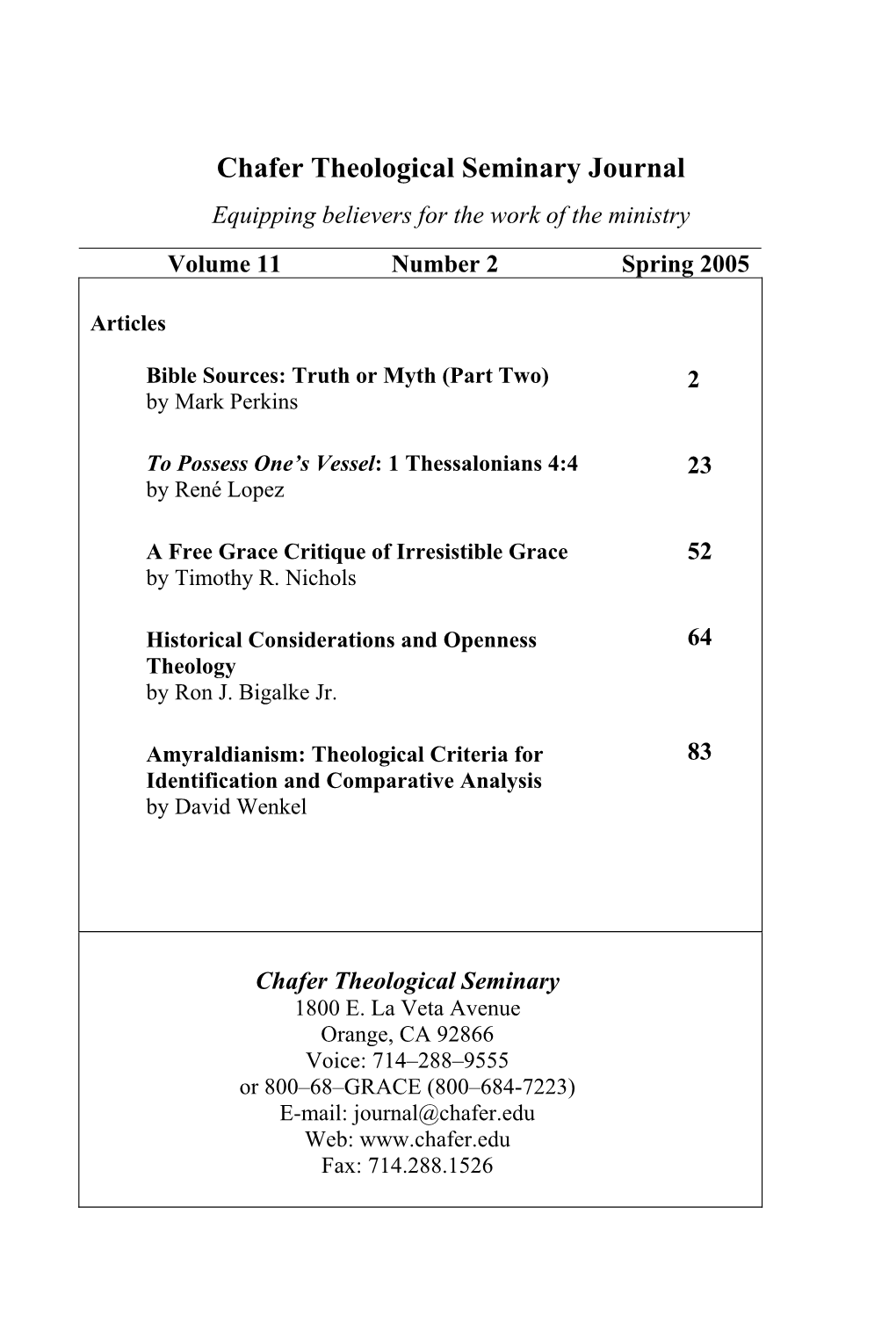 Chafer Theological Seminary Journal