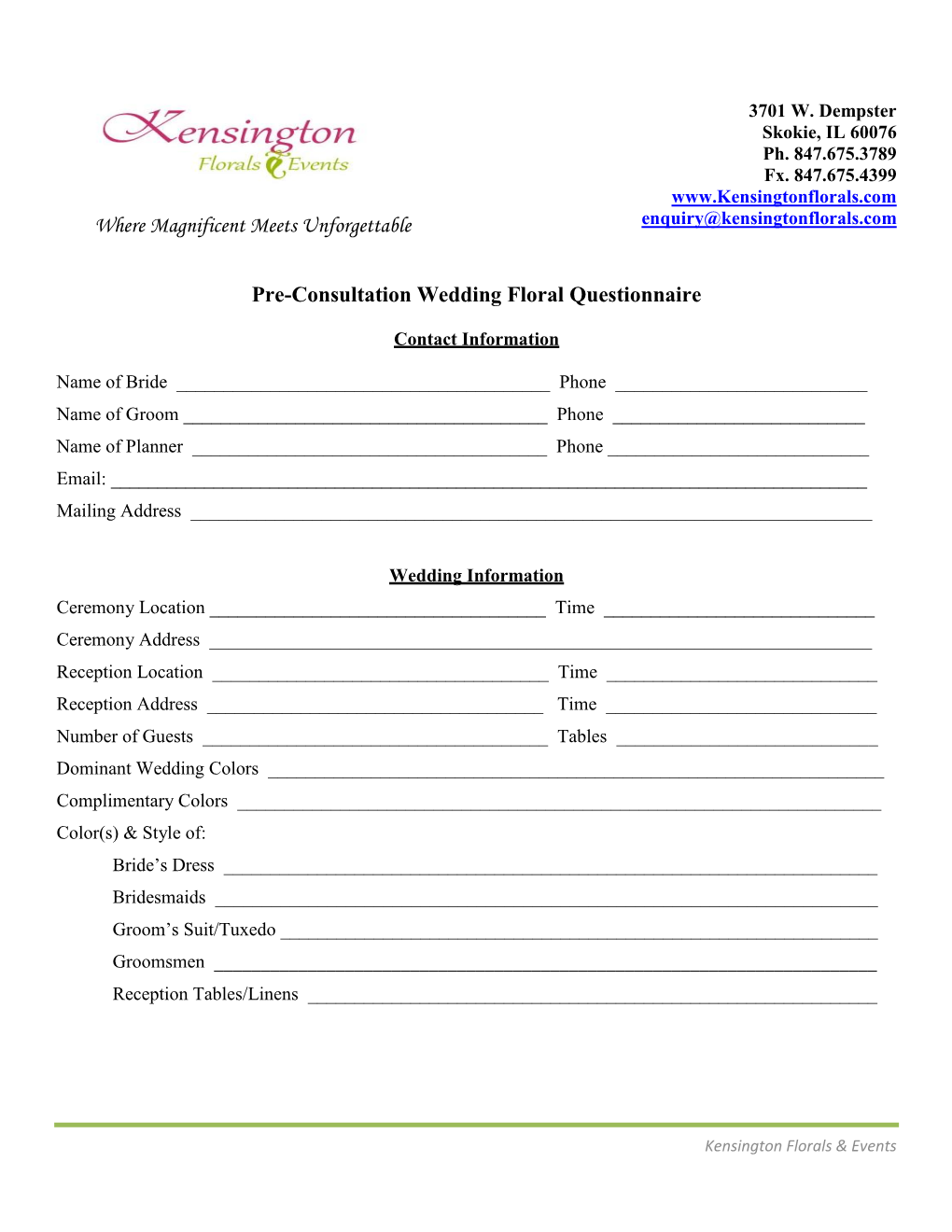 Kensington Pre Consultation Wedding Floral Questionnaire.Pdf