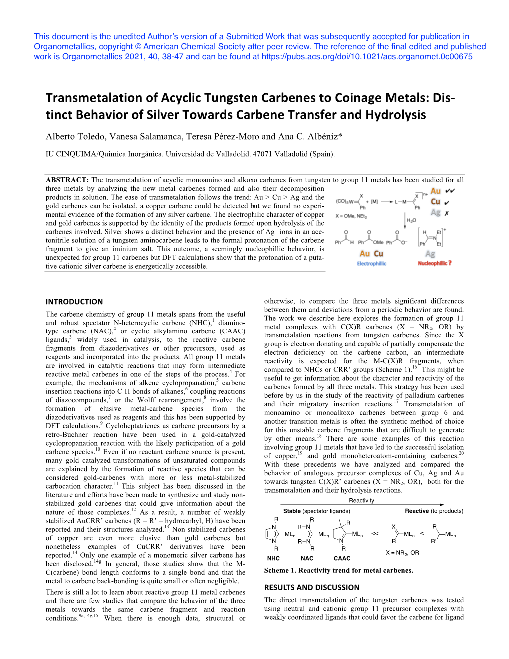 Transmetalation of Acyclic Tungsten Carbenes to Coinage Metals: Dis