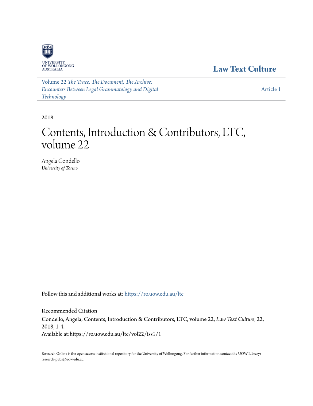 Contents, Introduction & Contributors, LTC, Volume 22