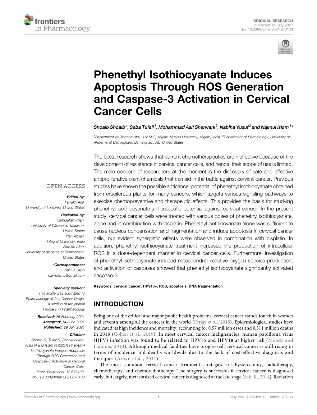 Phenethyl Isothiocyanate Induces Apoptosis Through ROS Generation and Caspase-3 Activation in Cervical Cancer Cells