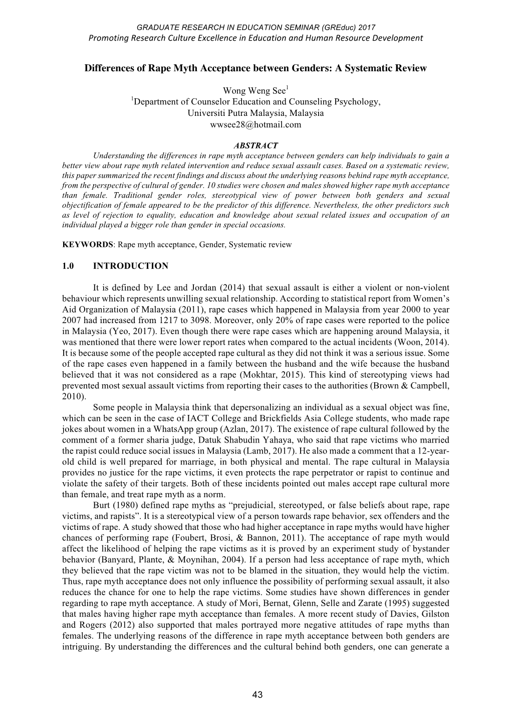 Differences of Rape Myth Acceptance Between Genders: a Systematic Review