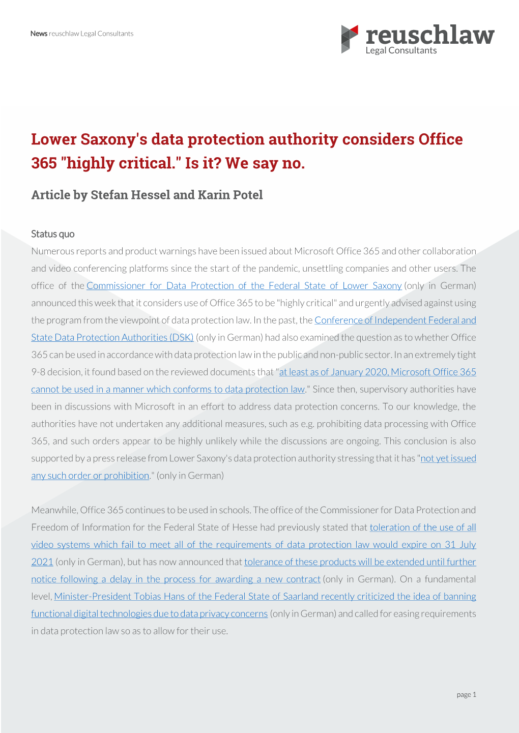 Lower Saxony's Data Protection Authority Considers Office 365 "Highly Critical." Is It? We Say No