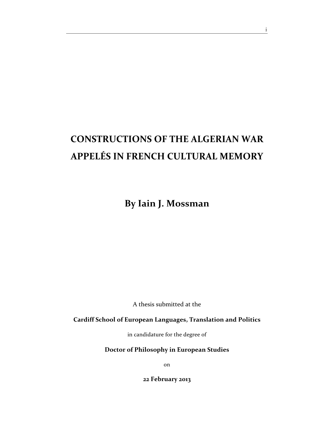 Constructions of the Algerian War Appelés in French Cultural Memory