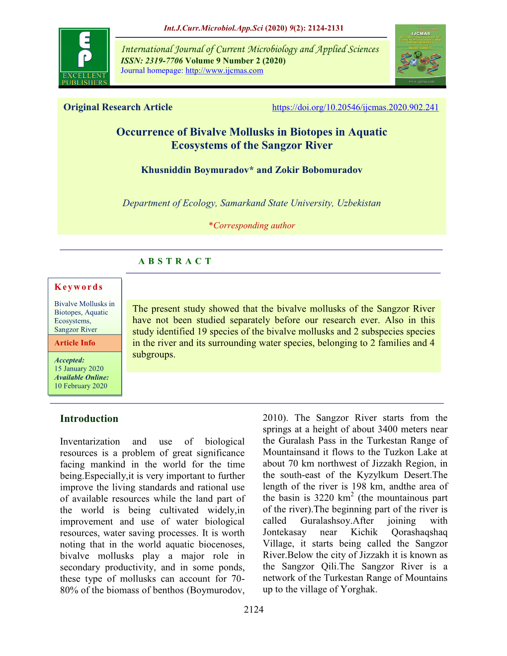 Occurrence of Bivalve Mollusks in Biotopes in Aquatic Ecosystems of the Sangzor River