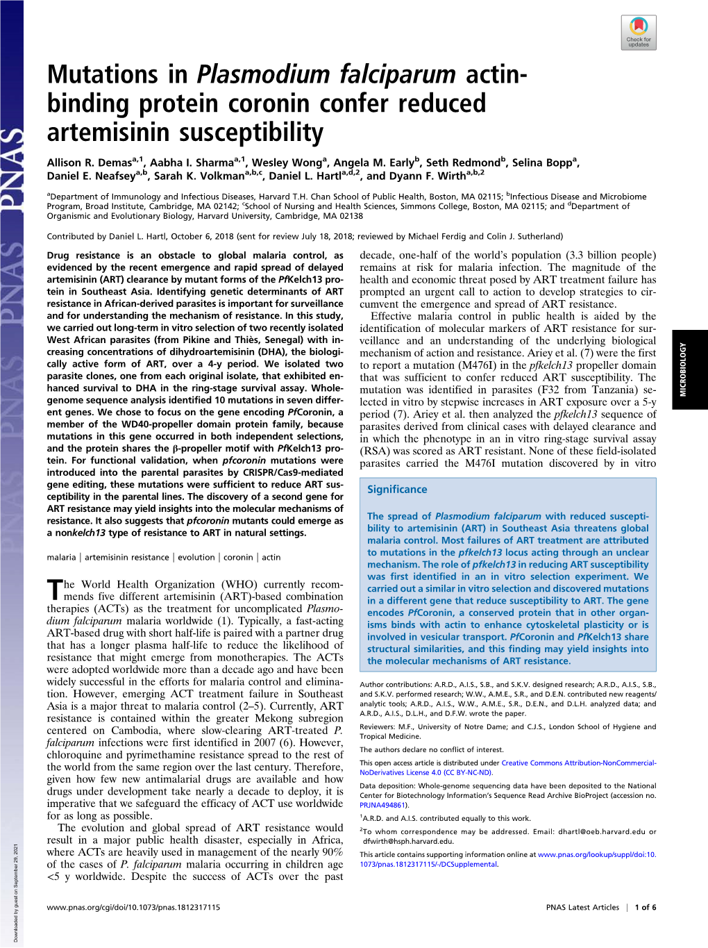 Mutations in Plasmodium Falciparum Actin-Binding Protein Coronin Confer