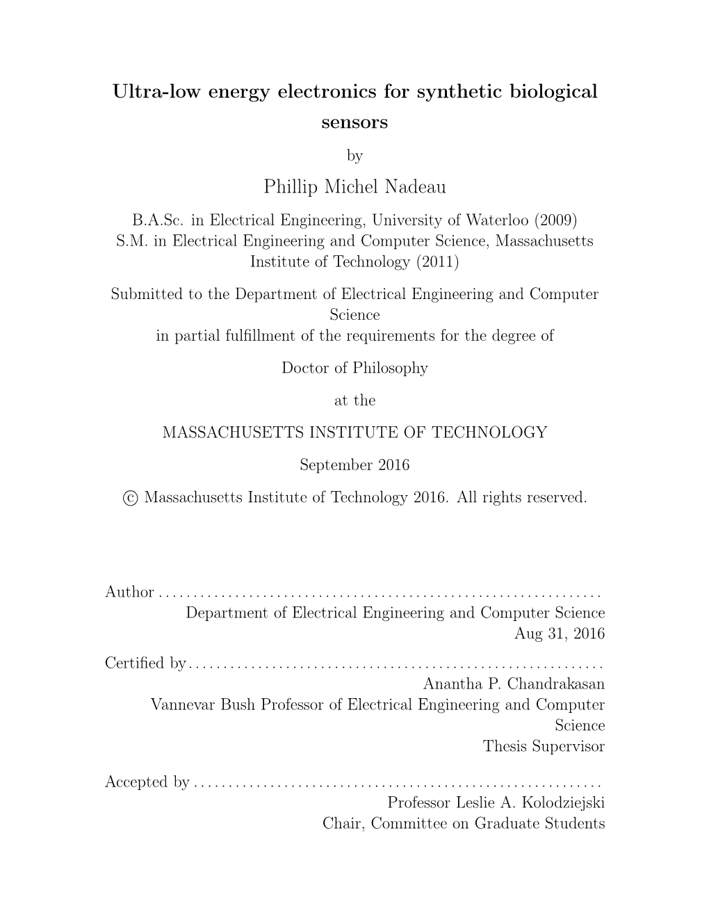 Ultra-Low Energy Electronics for Synthetic Biological Sensors Phillip