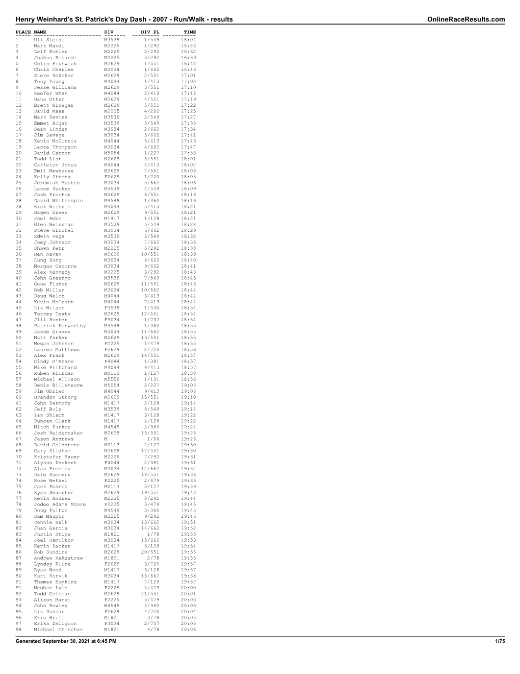 Henry Weinhard's St. Patrick's Day Dash - 2007 - Run/Walk - Results Onlineraceresults.Com