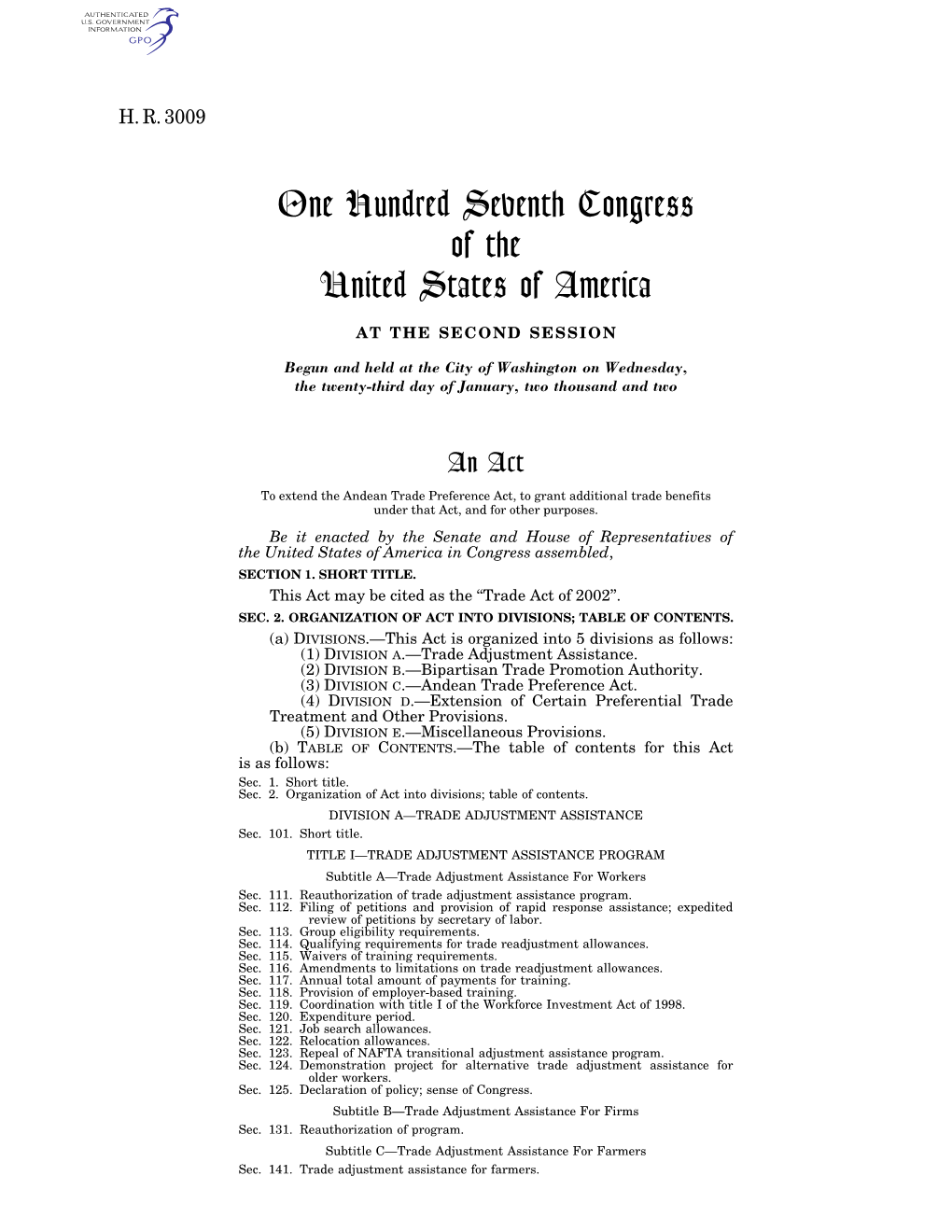 One Hundred Seventh Congress of the United States of America