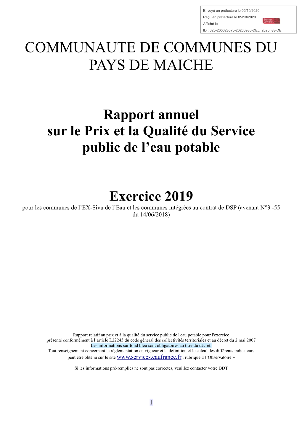 Rapport Annuel Sur Le Prix Et La Qualité Du Service Public D'eau Potable