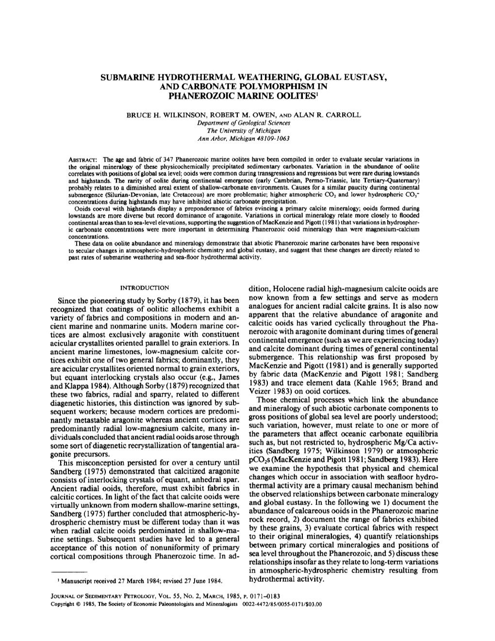 Submarine Hydrothermal Weathering, Global Eustasy, and Carbonate Polymorphism in Phanerozoic Marine Oolites 1