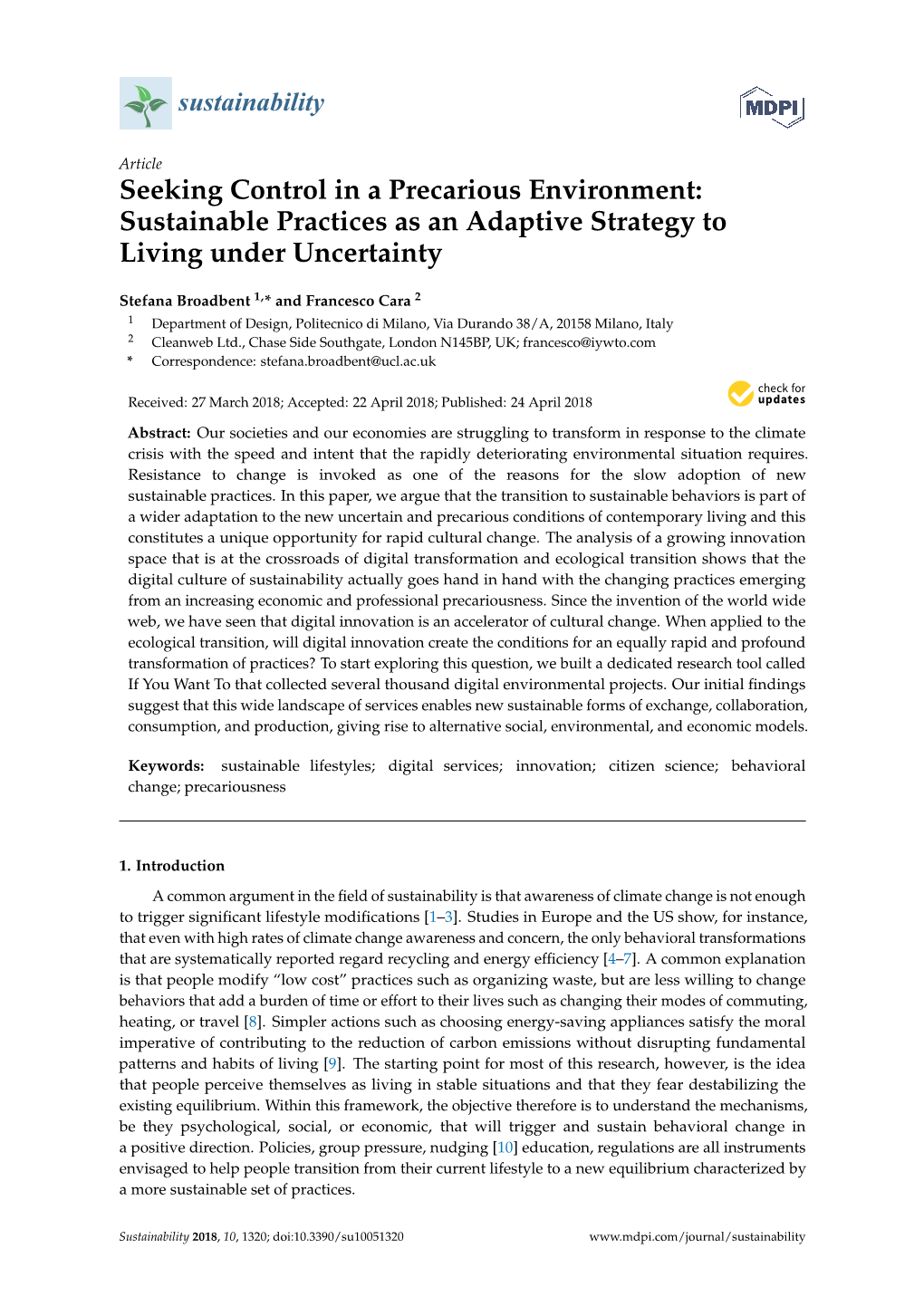 Seeking Control in a Precarious Environment: Sustainable Practices As an Adaptive Strategy to Living Under Uncertainty