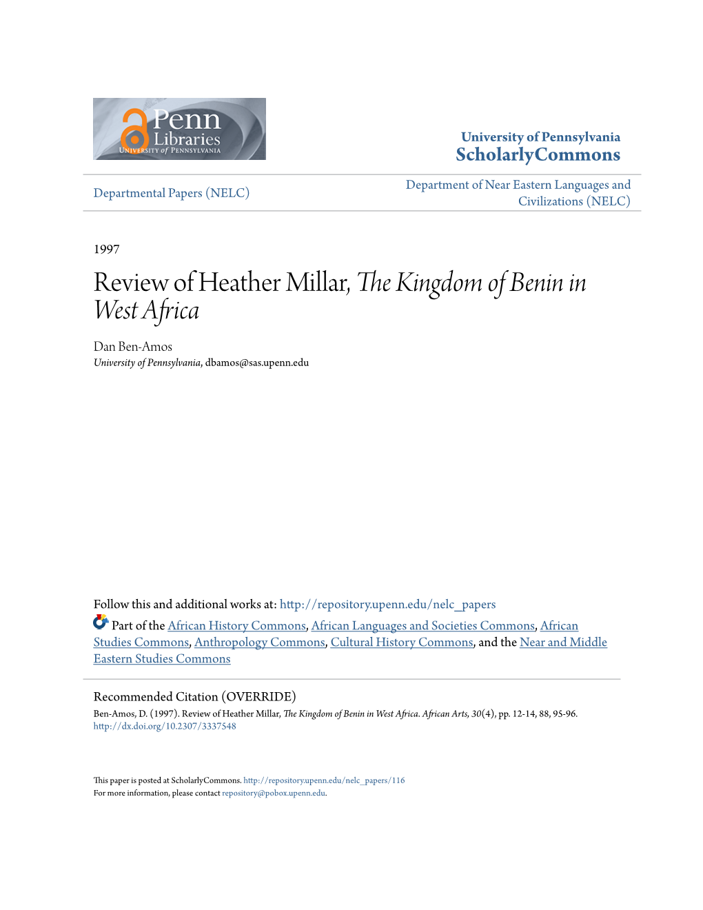 Review of Heather Millar, the Kingdom of Benin in West Africa Dan Ben-Amos University of Pennsylvania, Dbamos@Sas.Upenn.Edu