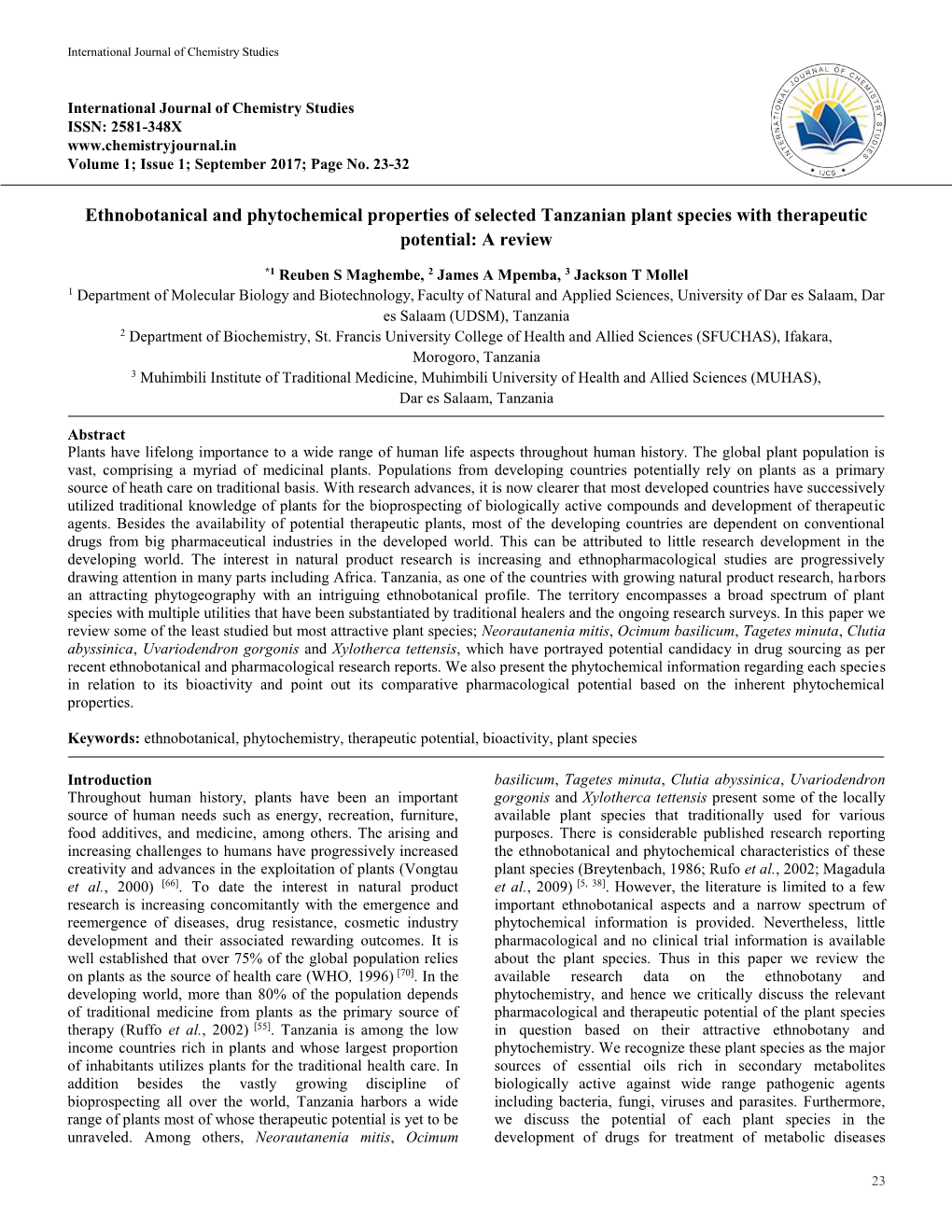 Ethnobotanical and Phytochemical Properties of Selected Tanzanian Plant Species with Therapeutic Potential: a Review